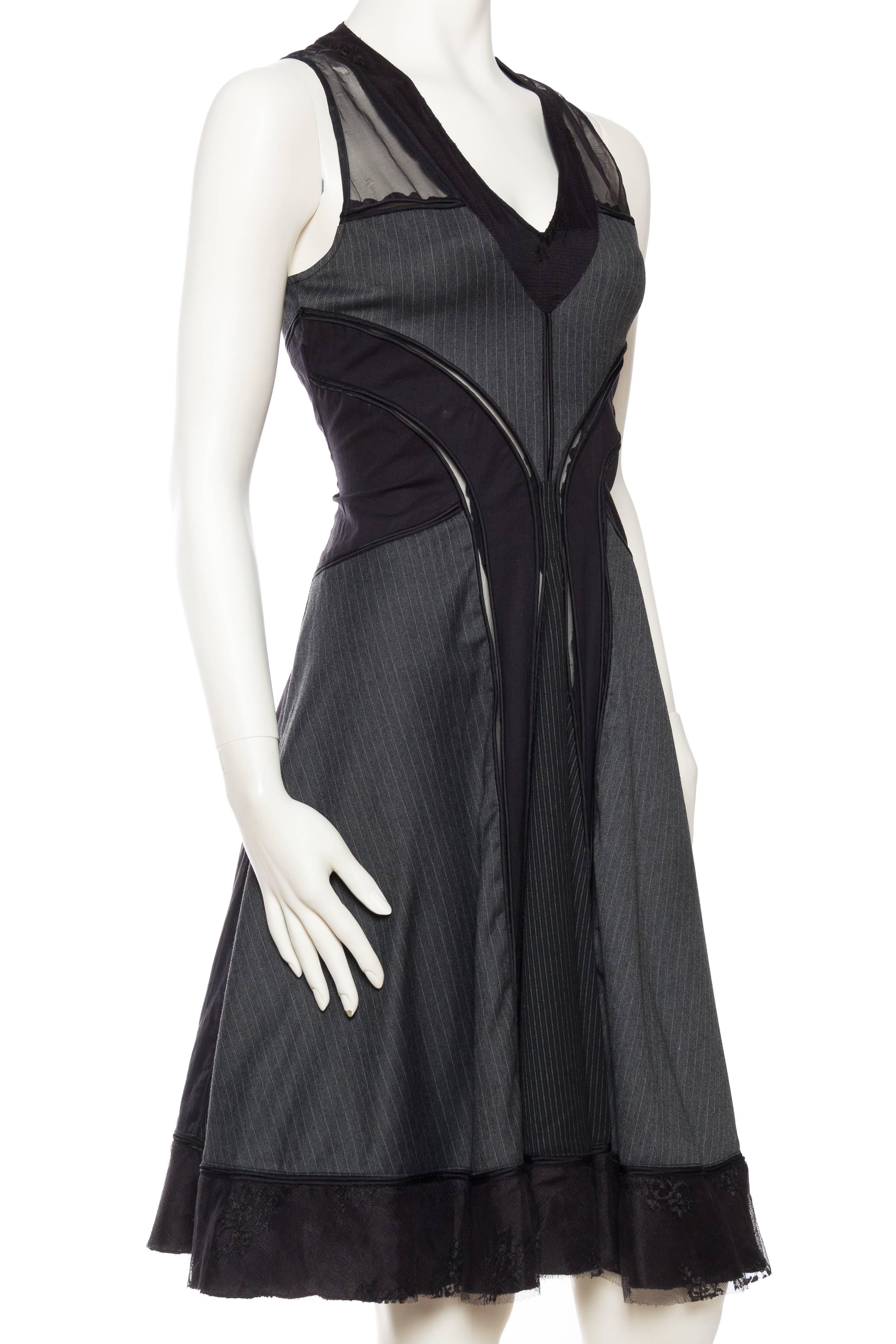 1990S JEAN PAUL GAULTIER Dark Grey Wool & Silk Pinstripe Dress With Sheer Panels In Excellent Condition In New York, NY