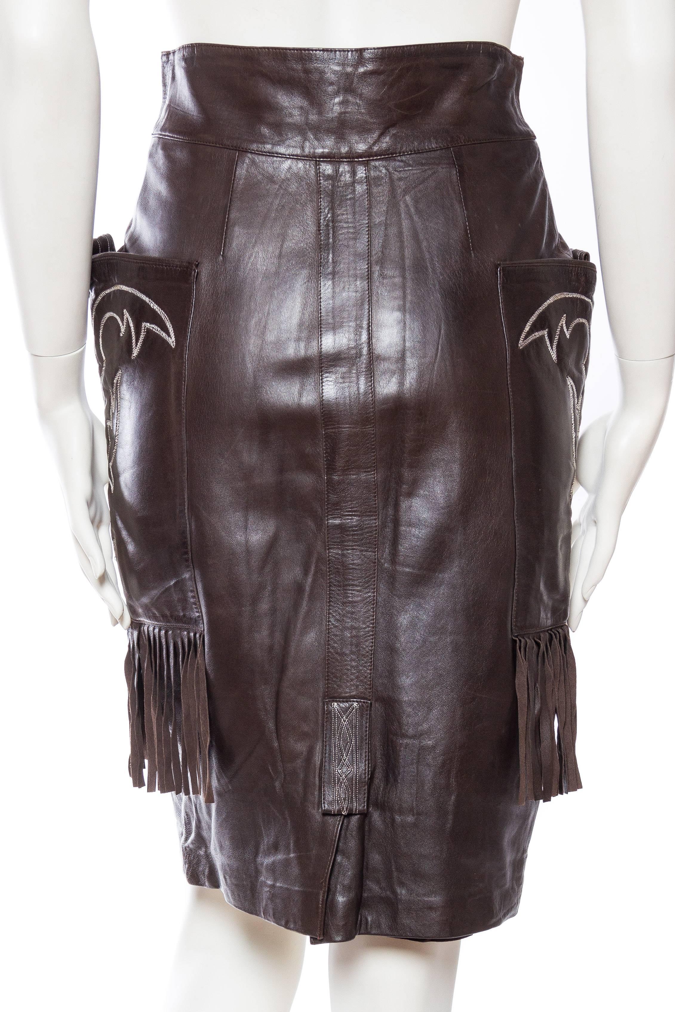 Black Famous Claude Montana Western Leather Skirt with Fringe