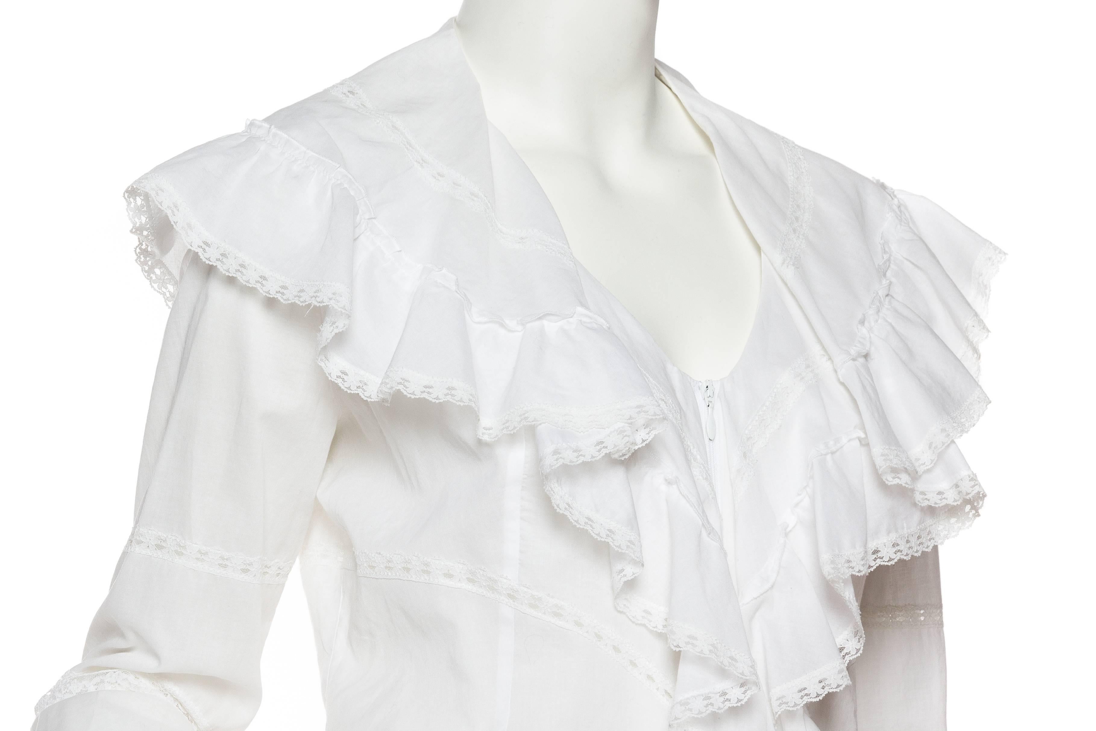 1980S ANNE FONTAINE Cotton & Lace Victorian Ruffled Blouse From Paris In Excellent Condition In New York, NY