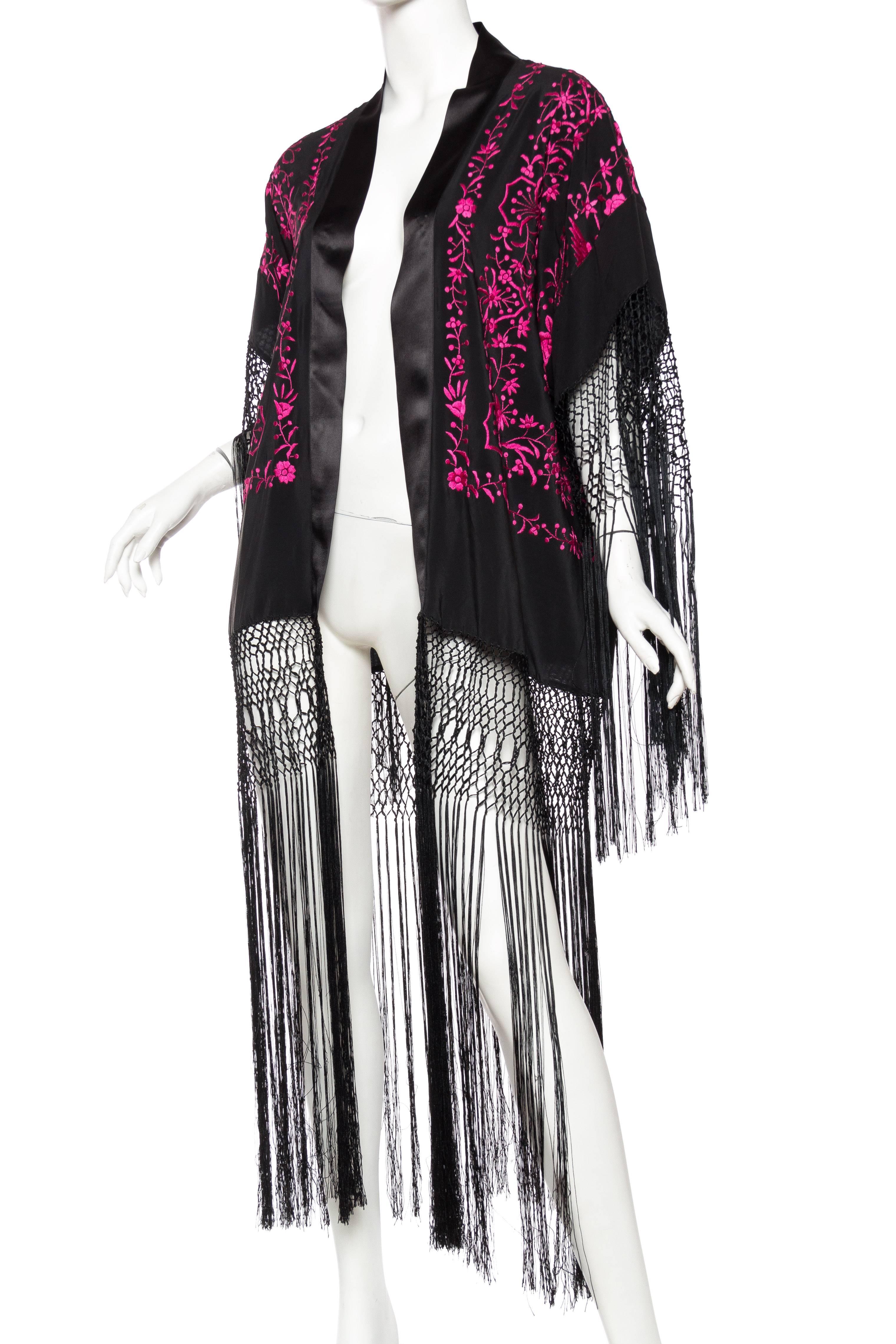MORPHEW COLLECTION Black & Pink Hand Embroidered Silk Piano Shawl Kimono With F 1
