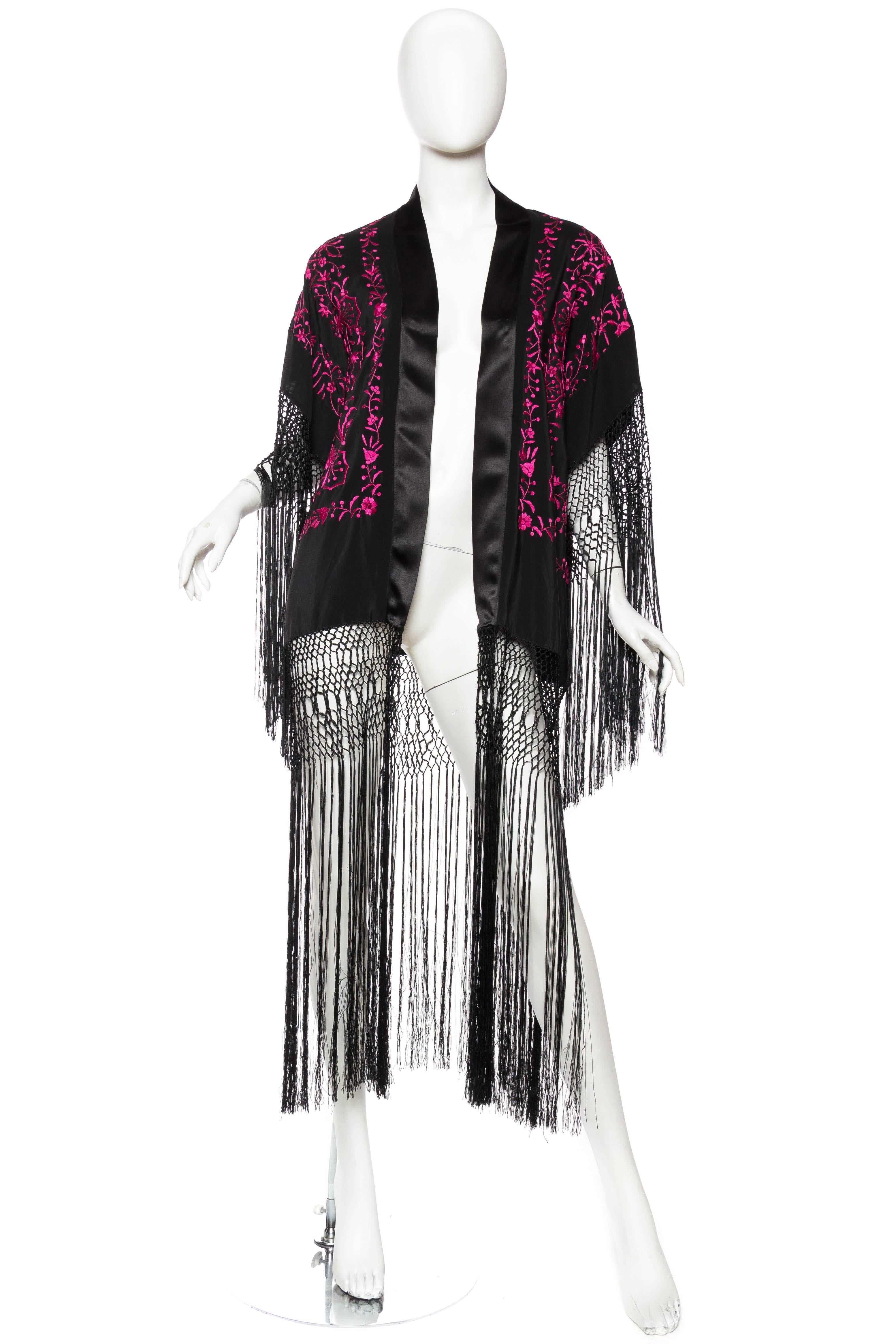 MORPHEW COLLECTION Black & Pink Hand Embroidered Silk Piano Shawl Kimono With Fringe