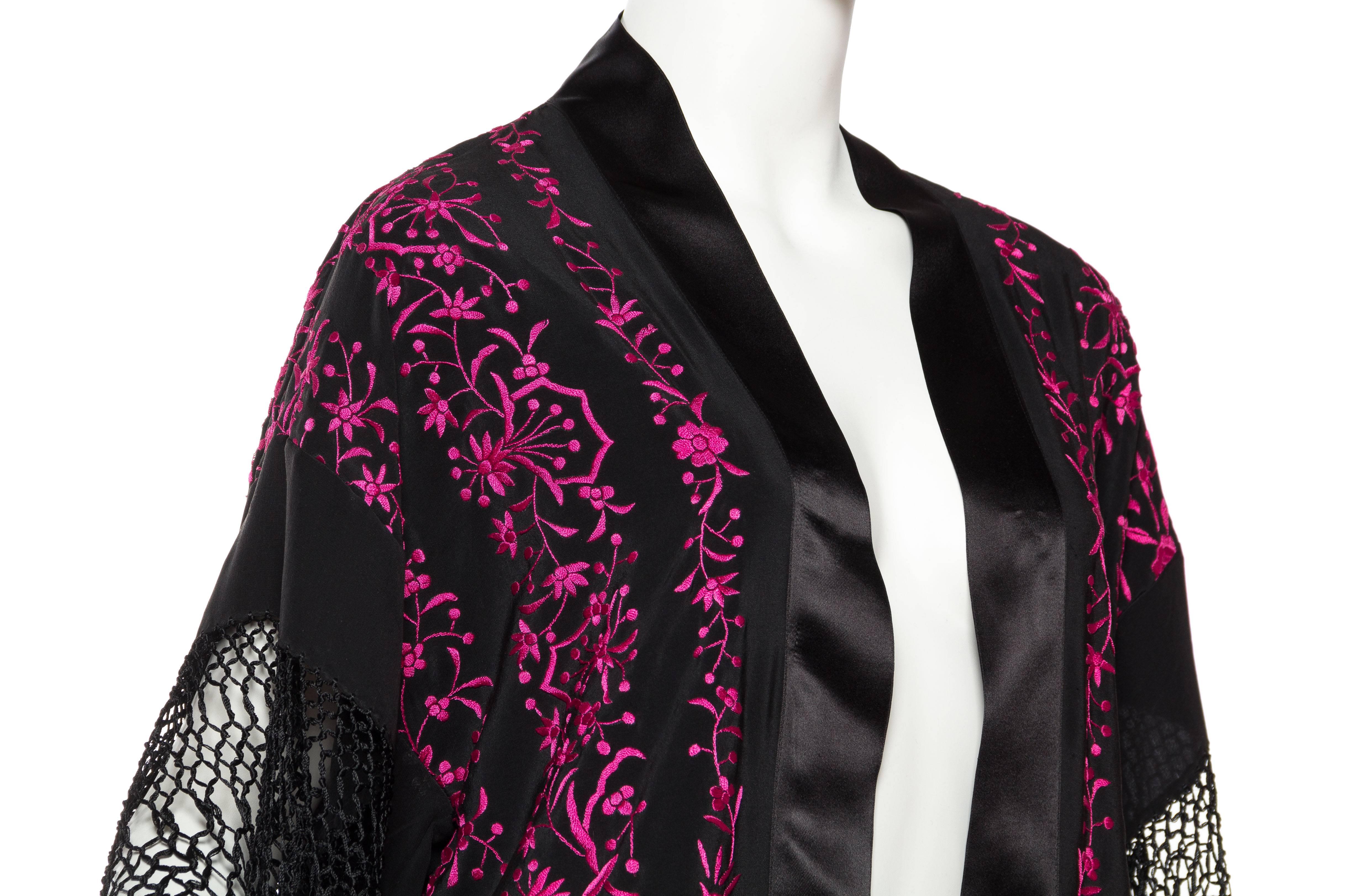 MORPHEW COLLECTION Black & Pink Hand Embroidered Silk Piano Shawl Kimono With F 3