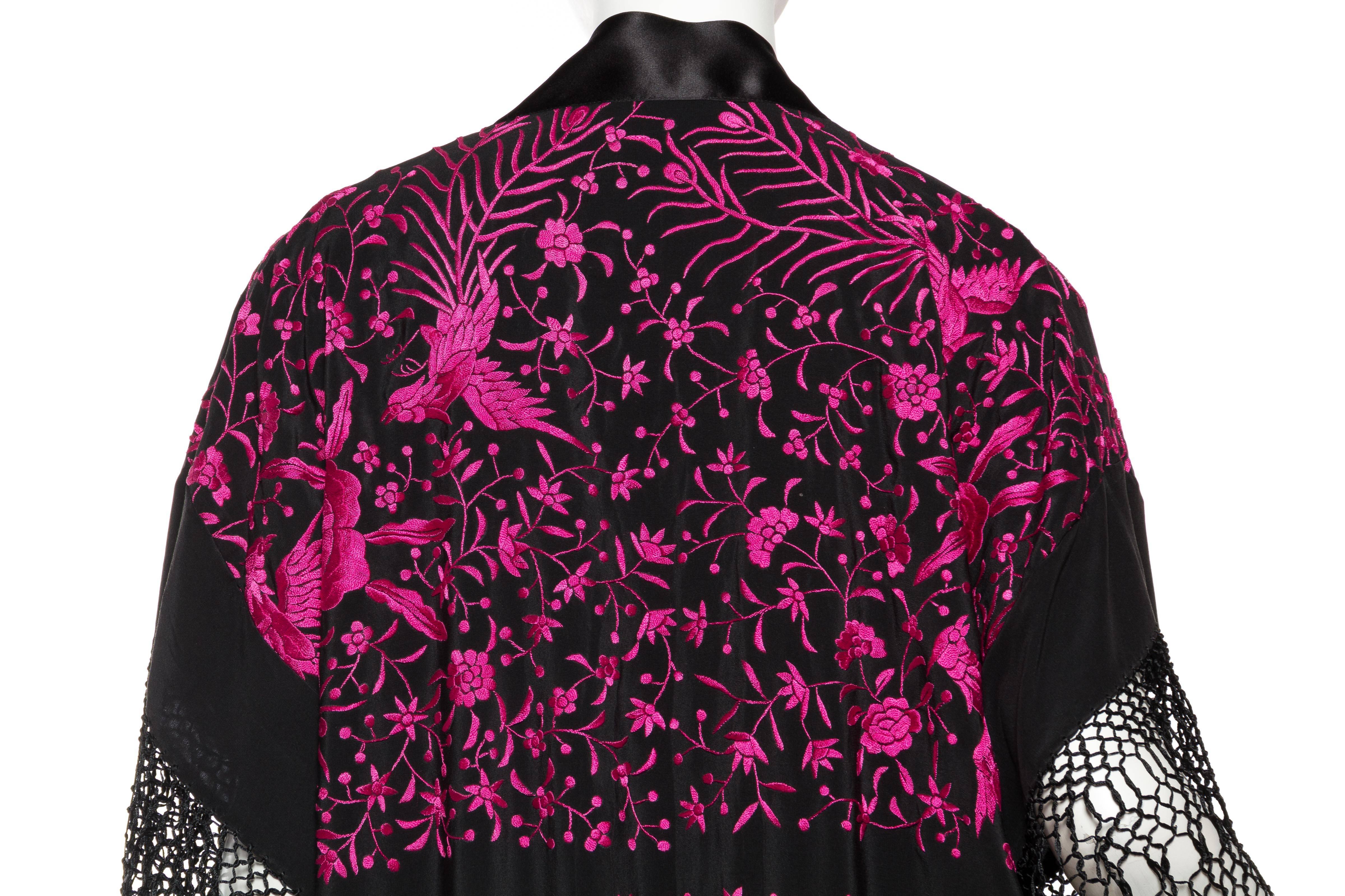 MORPHEW COLLECTION Black & Pink Hand Embroidered Silk Piano Shawl Kimono With F 4