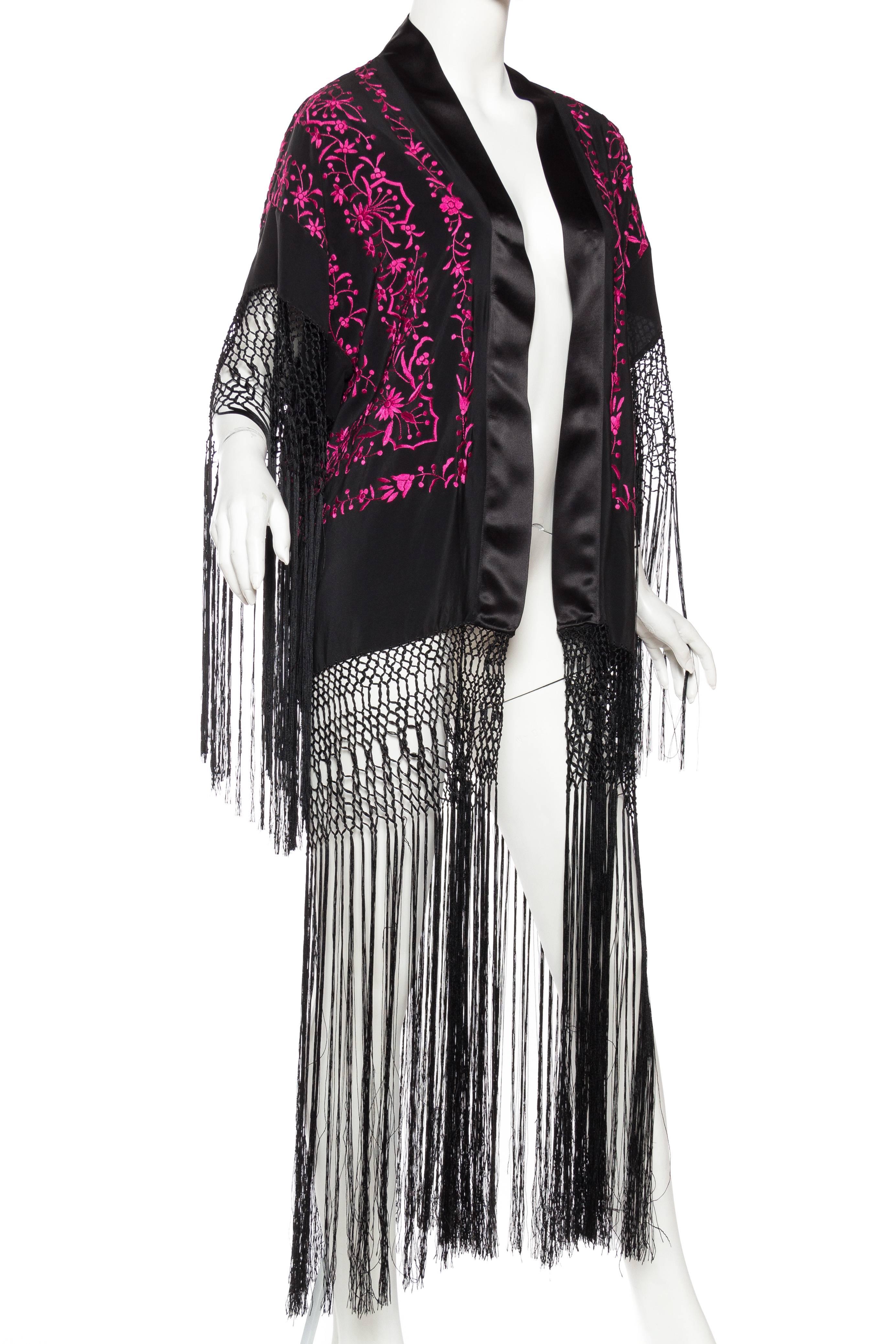 MORPHEW COLLECTION Black and Pink Hand Embroidered Silk Piano Shawl ...