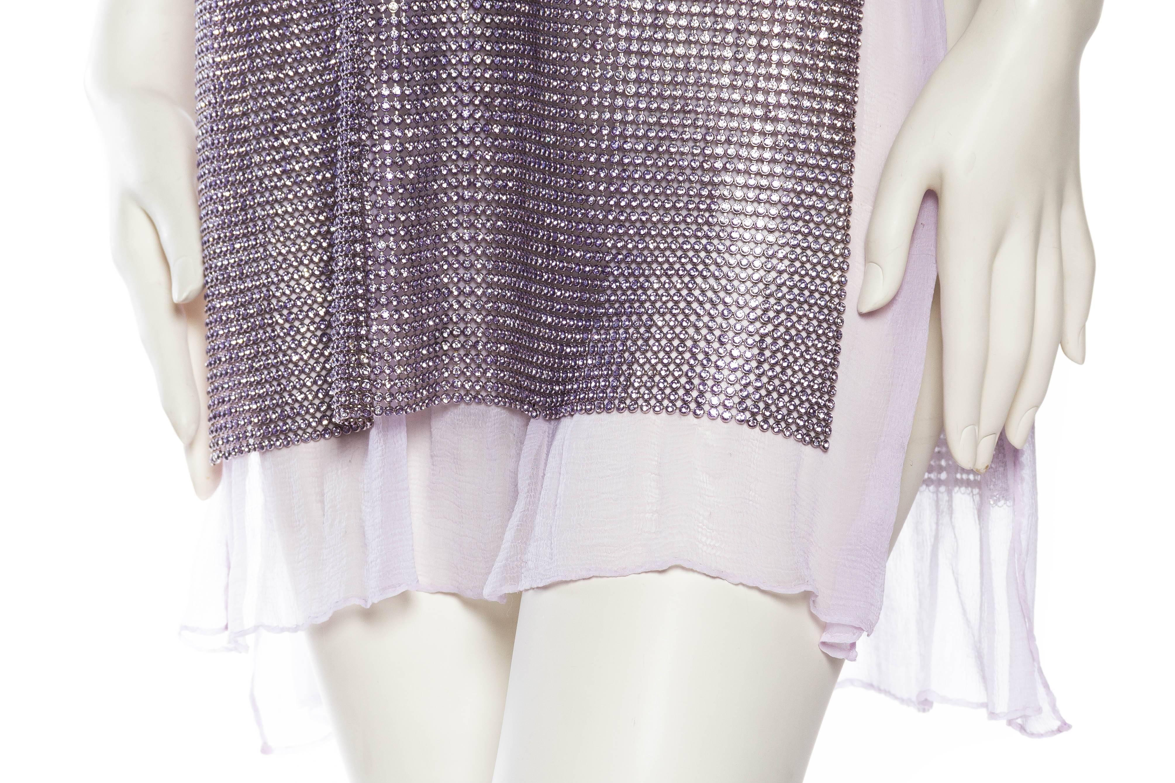 1990S GIANNI VERSACE Lilac Silk Chiffon & Crystal Metal Mesh Cocktail Dress Wit In Excellent Condition For Sale In New York, NY