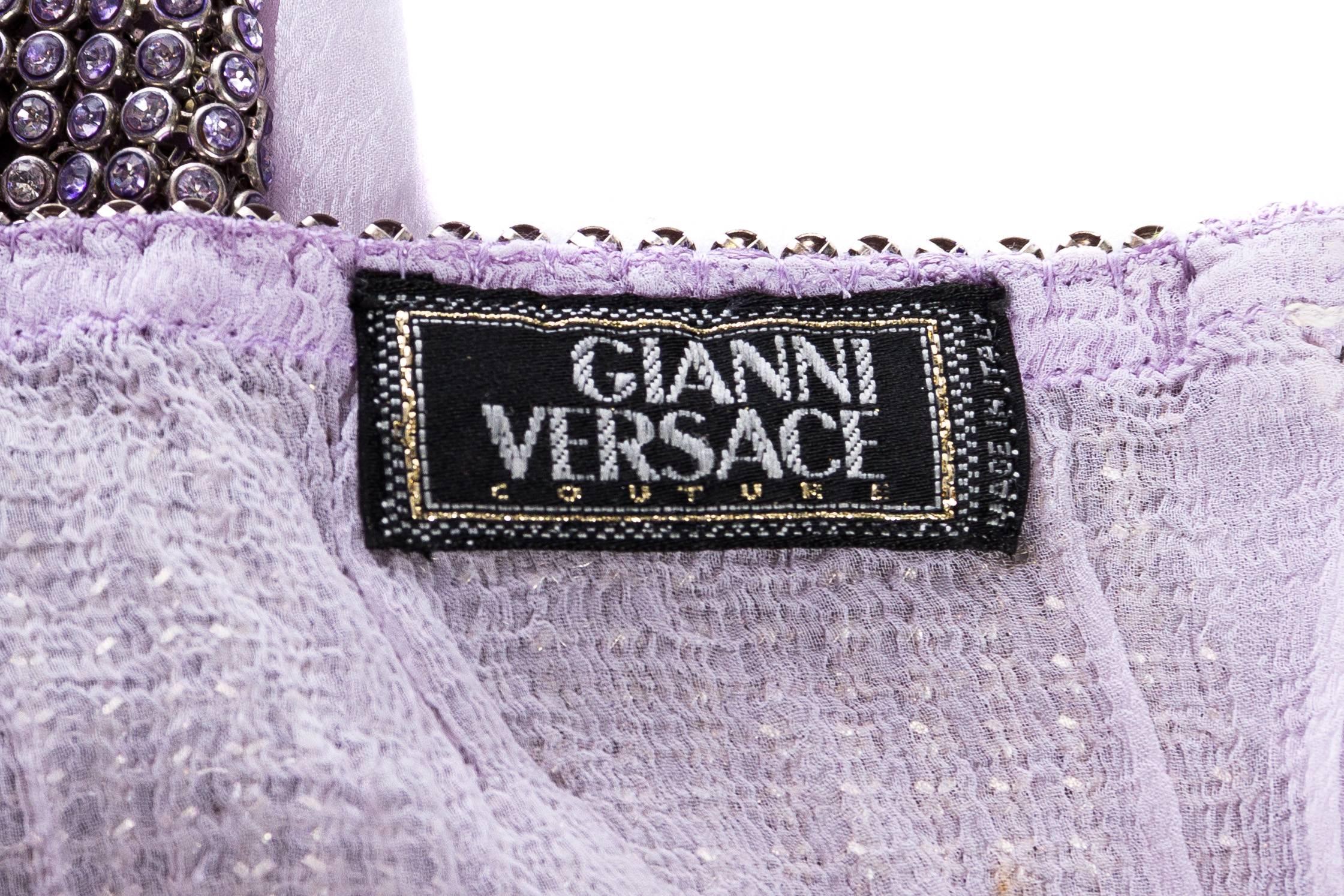 1990S GIANNI VERSACE Lilac Silk Chiffon & Crystal Metal Mesh Cocktail Dress Wit For Sale 2