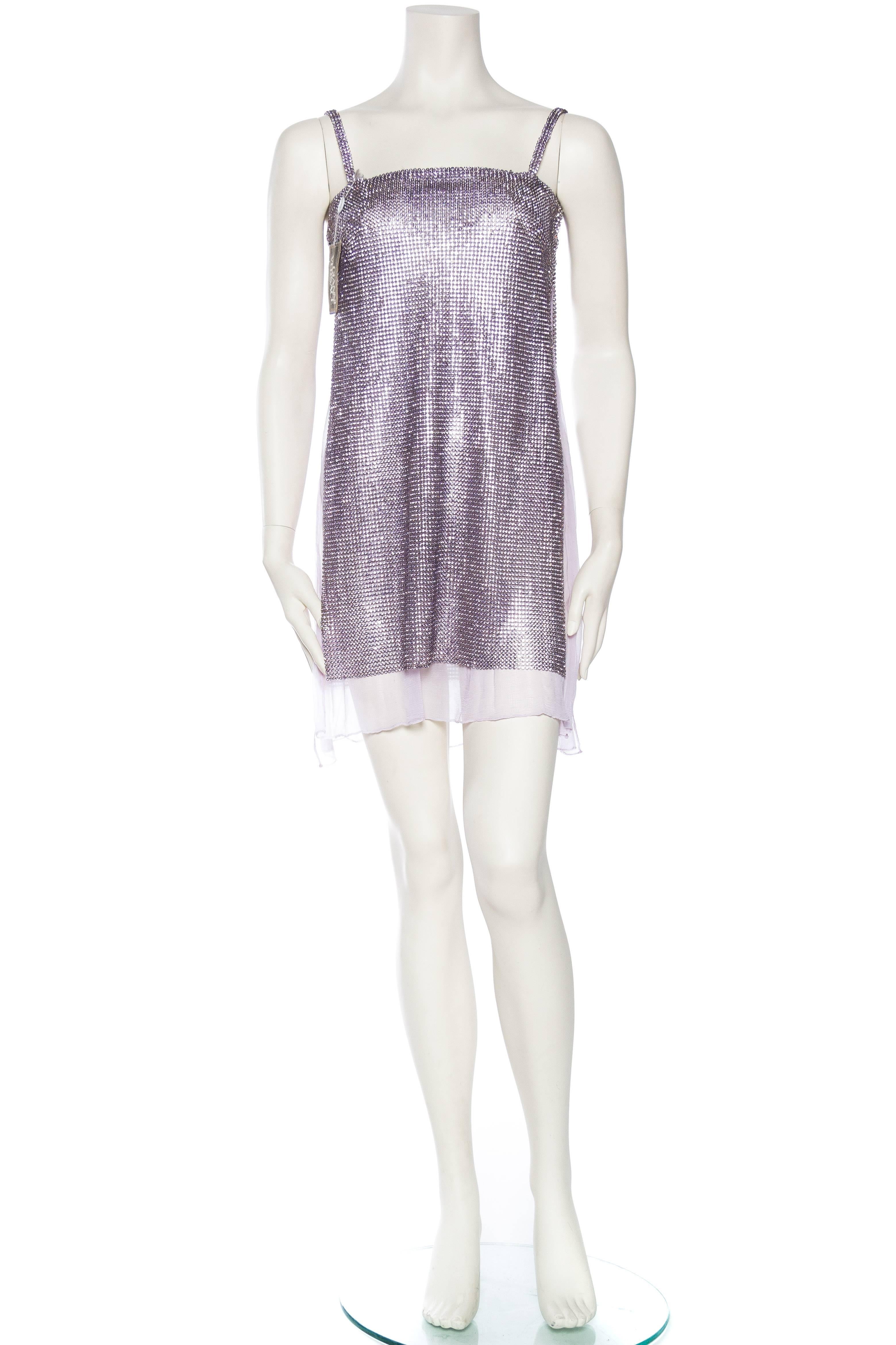 1990S GIANNI VERSACE Lilac Silk Chiffon & Crystal Metal Mesh Cocktail Dress With Full Side Slits