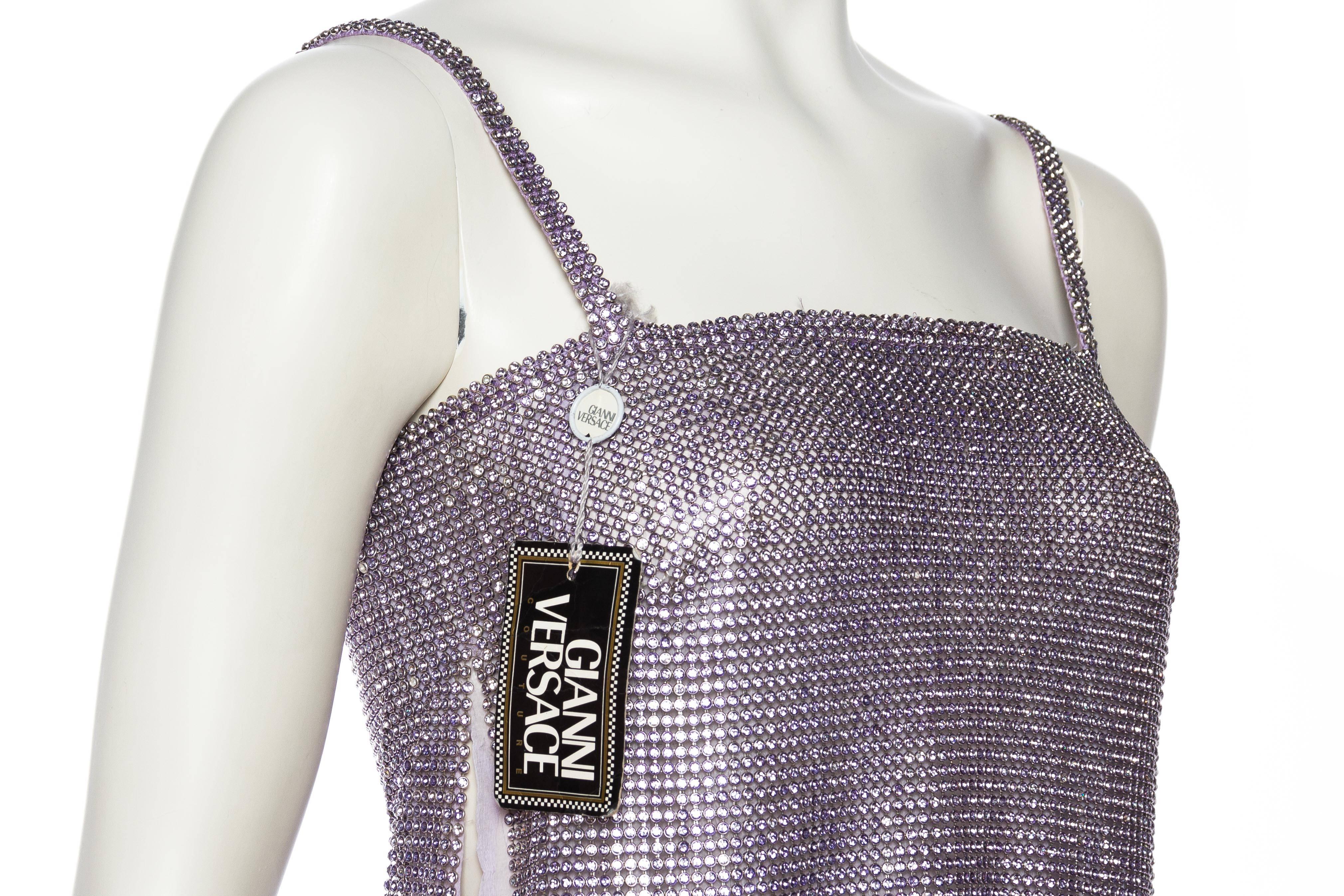 Gray 1990S GIANNI VERSACE Lilac Silk Chiffon & Crystal Metal Mesh Cocktail Dress Wit For Sale