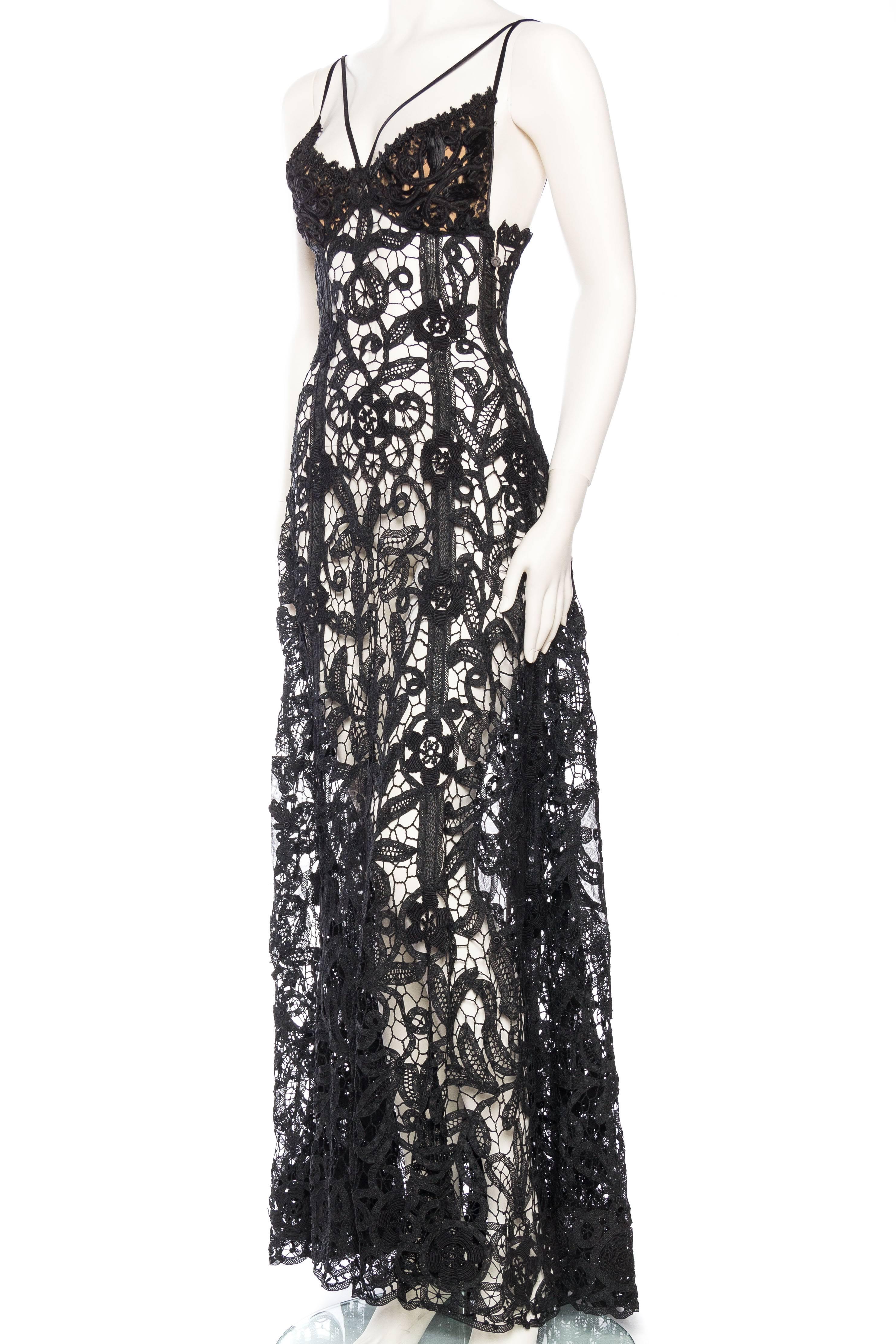 Black Silk Sheer Antique Handmade Lace Gown 2