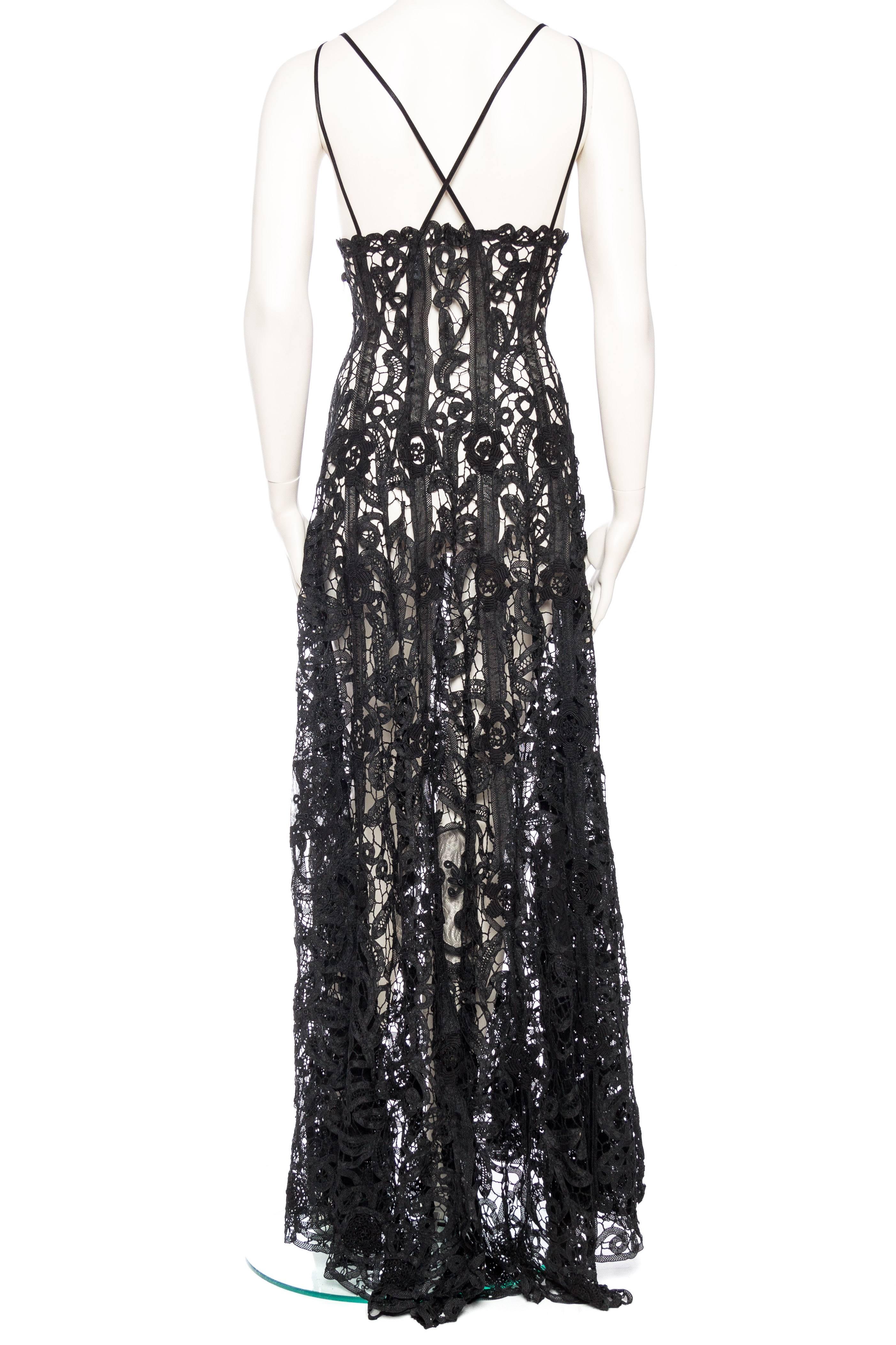 Black Silk Sheer Antique Handmade Lace Gown 3