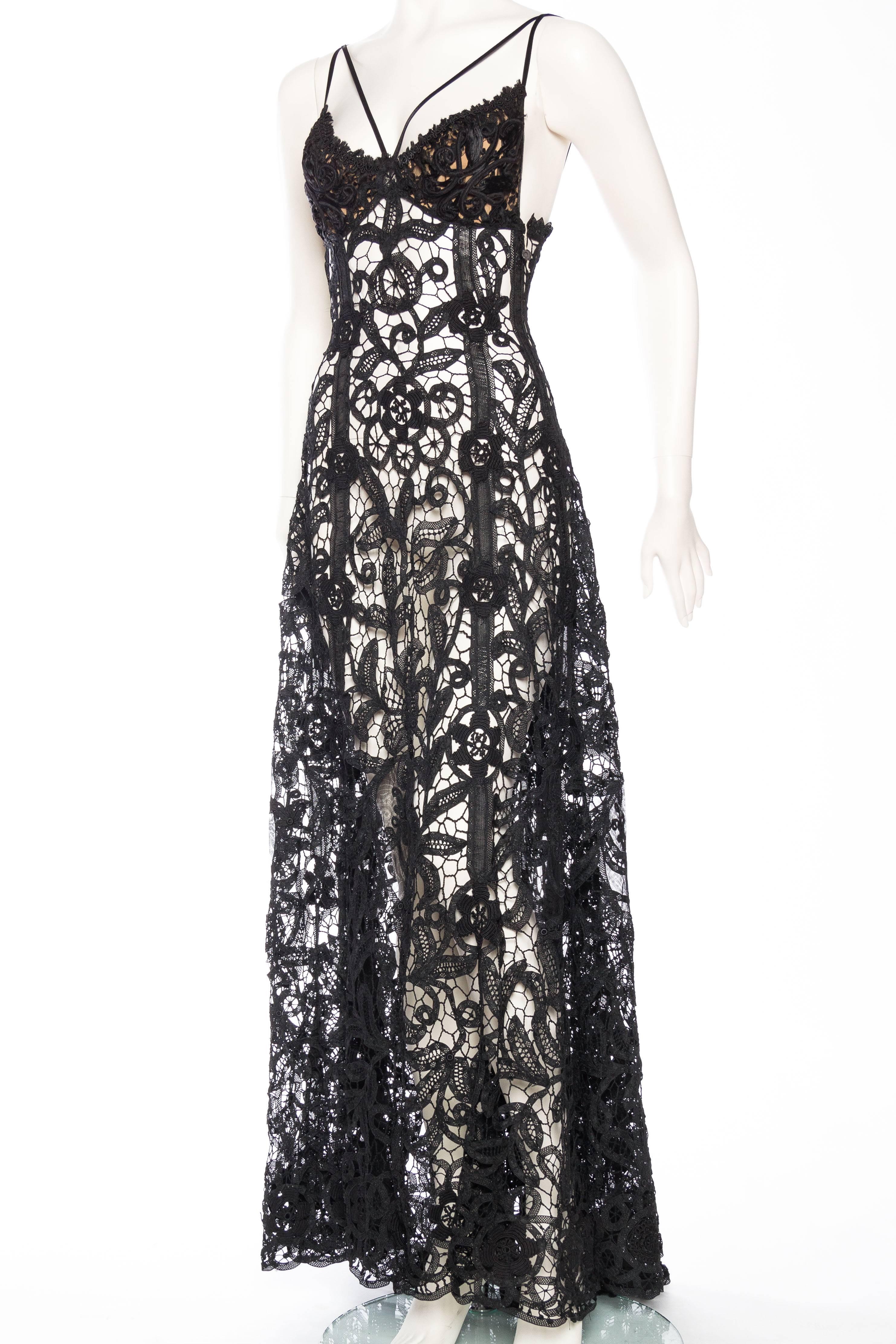 Black Silk Sheer Antique Handmade Lace Gown In Excellent Condition In New York, NY