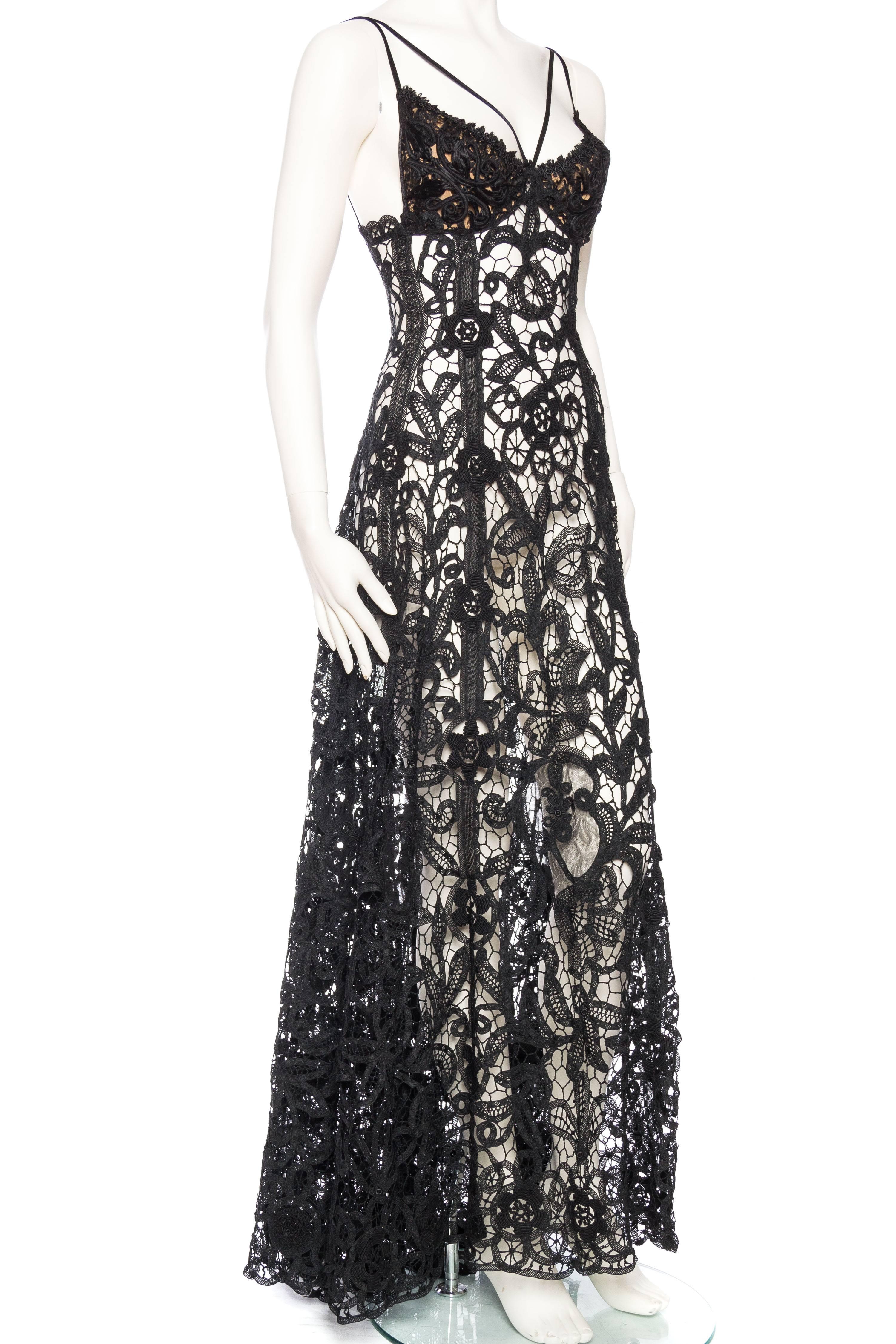 Black Silk Sheer Antique Handmade Lace Gown 1