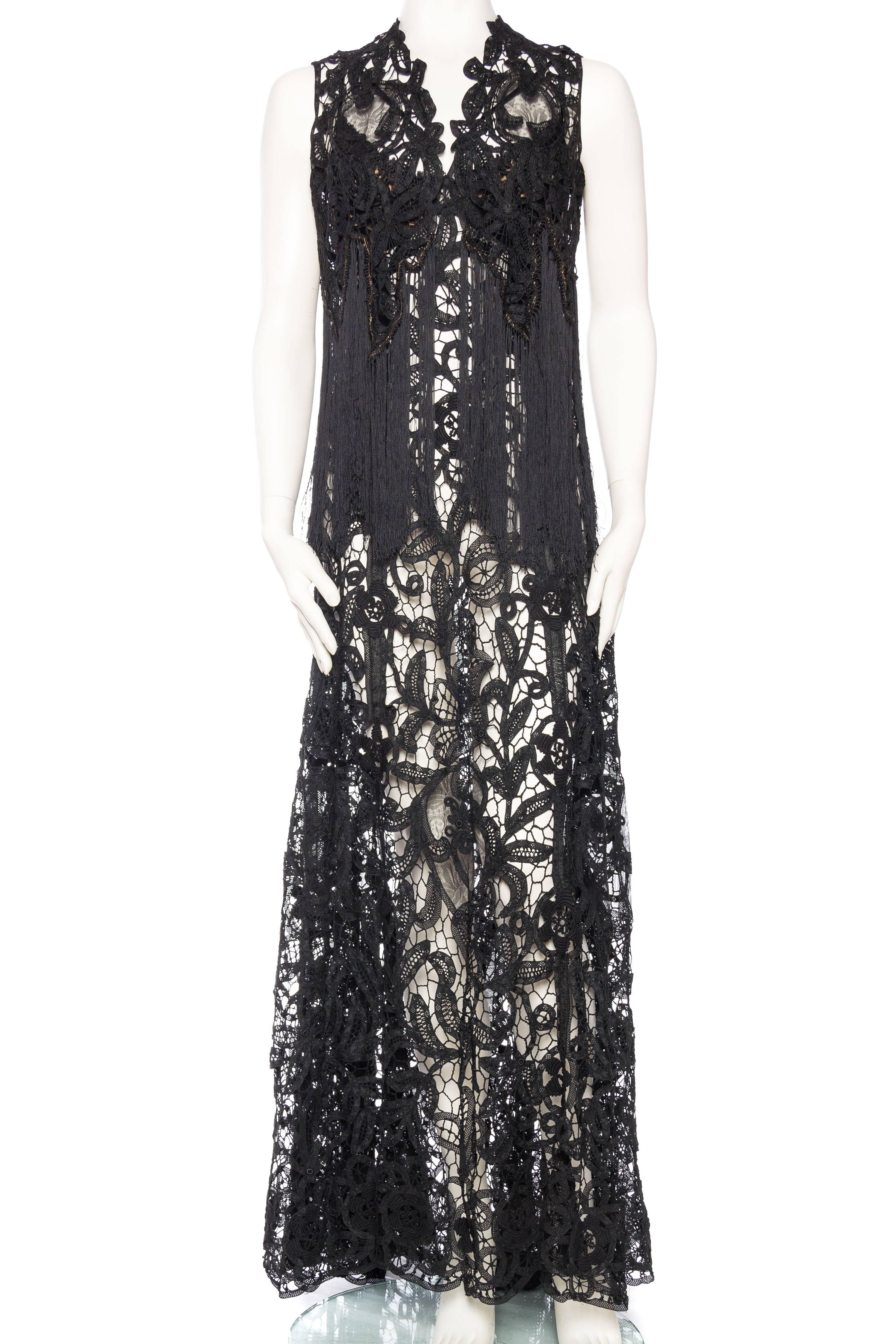 Women's Black Silk Sheer Antique Handmade Lace Gown