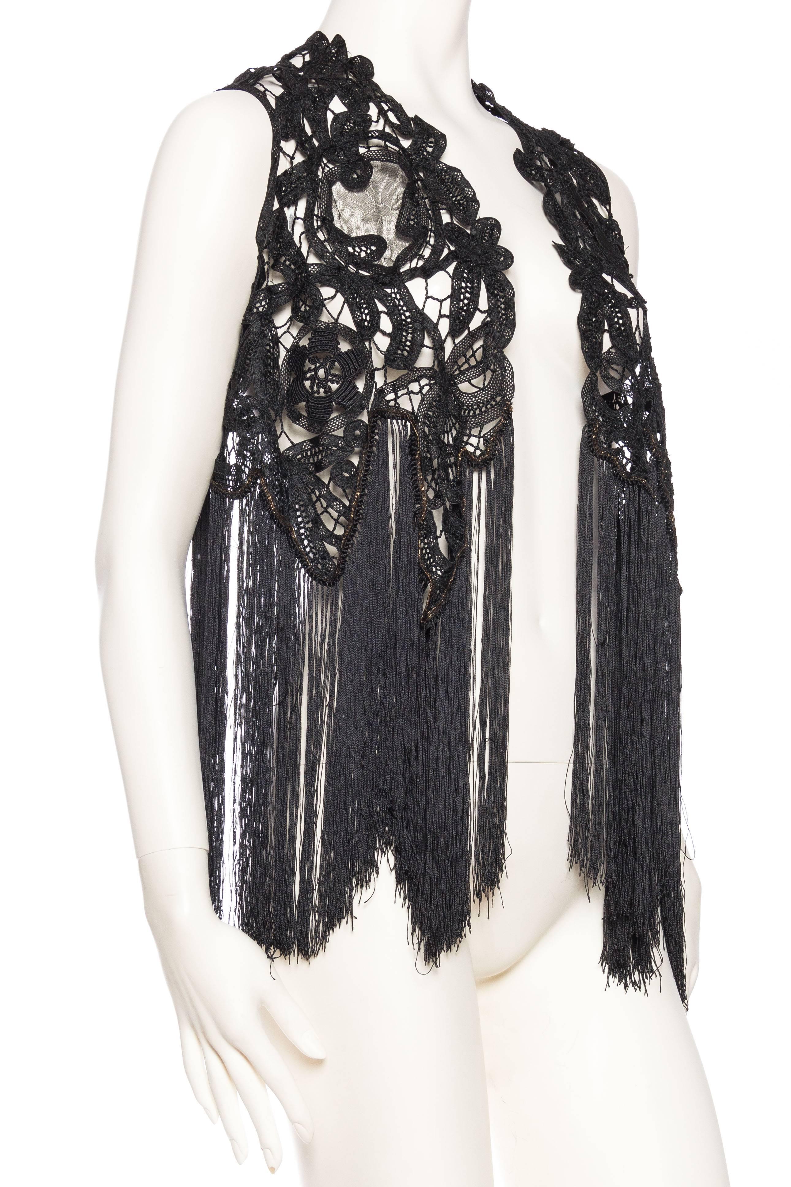 Black Antique Handmade Lace Vest with Fringe