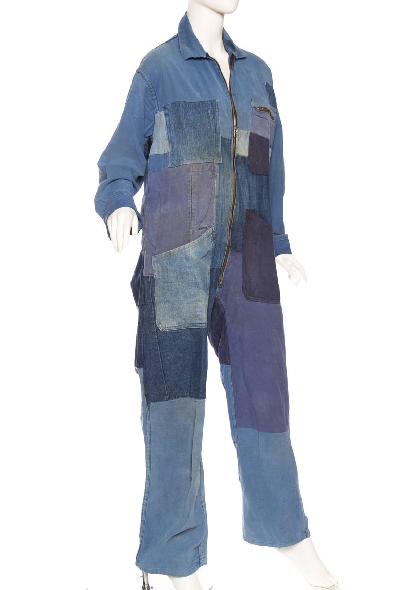Denim Patchwork French Workwear Coverall Jumpsuit at 1stDibs