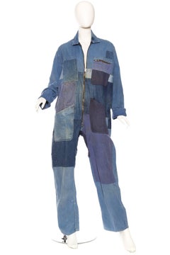 Denim Patchwork French Workwear Coverall Jumpsuit