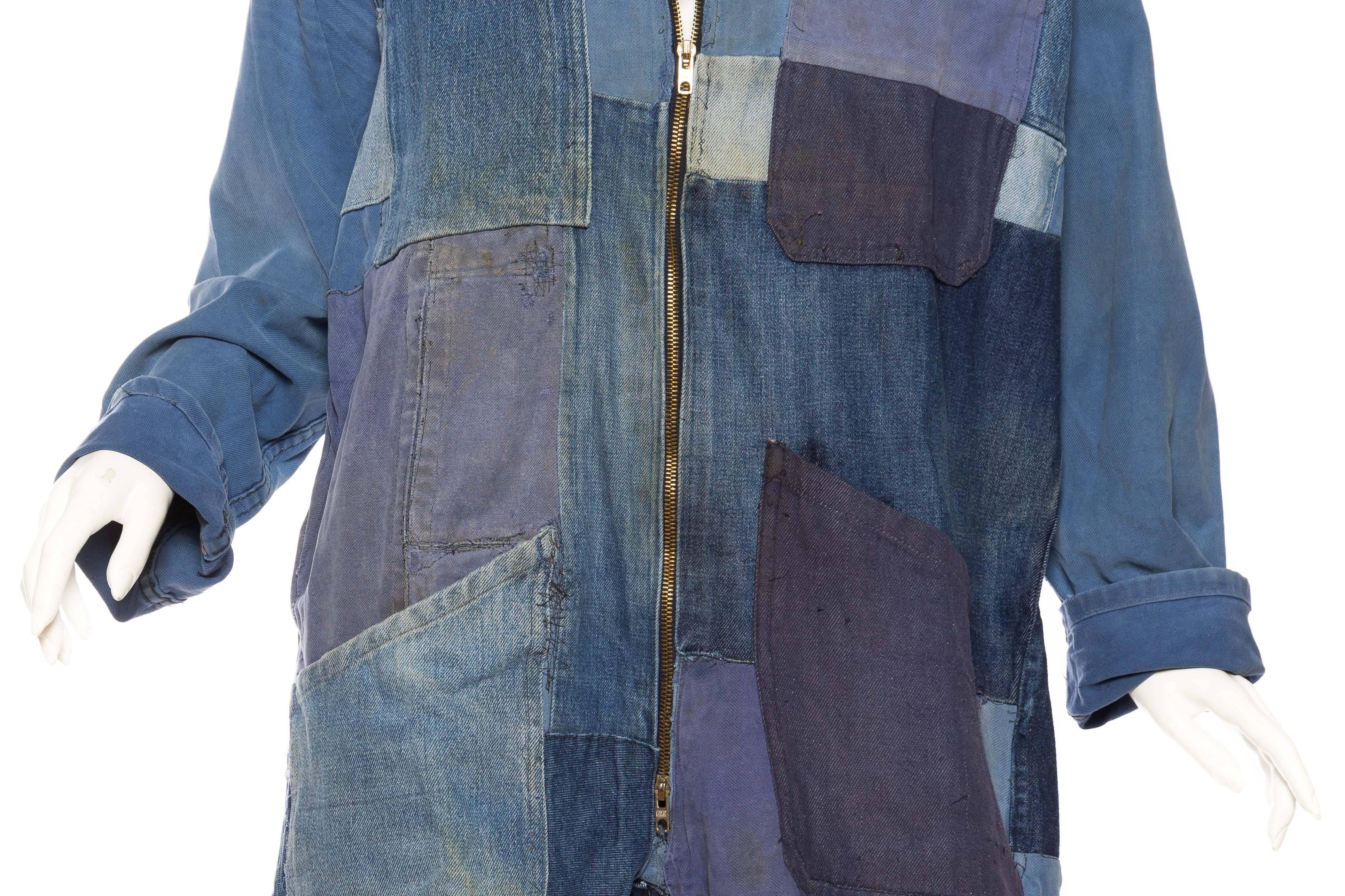 Denim Patchwork French Workwear Coverall Jumpsuit In Excellent Condition In New York, NY