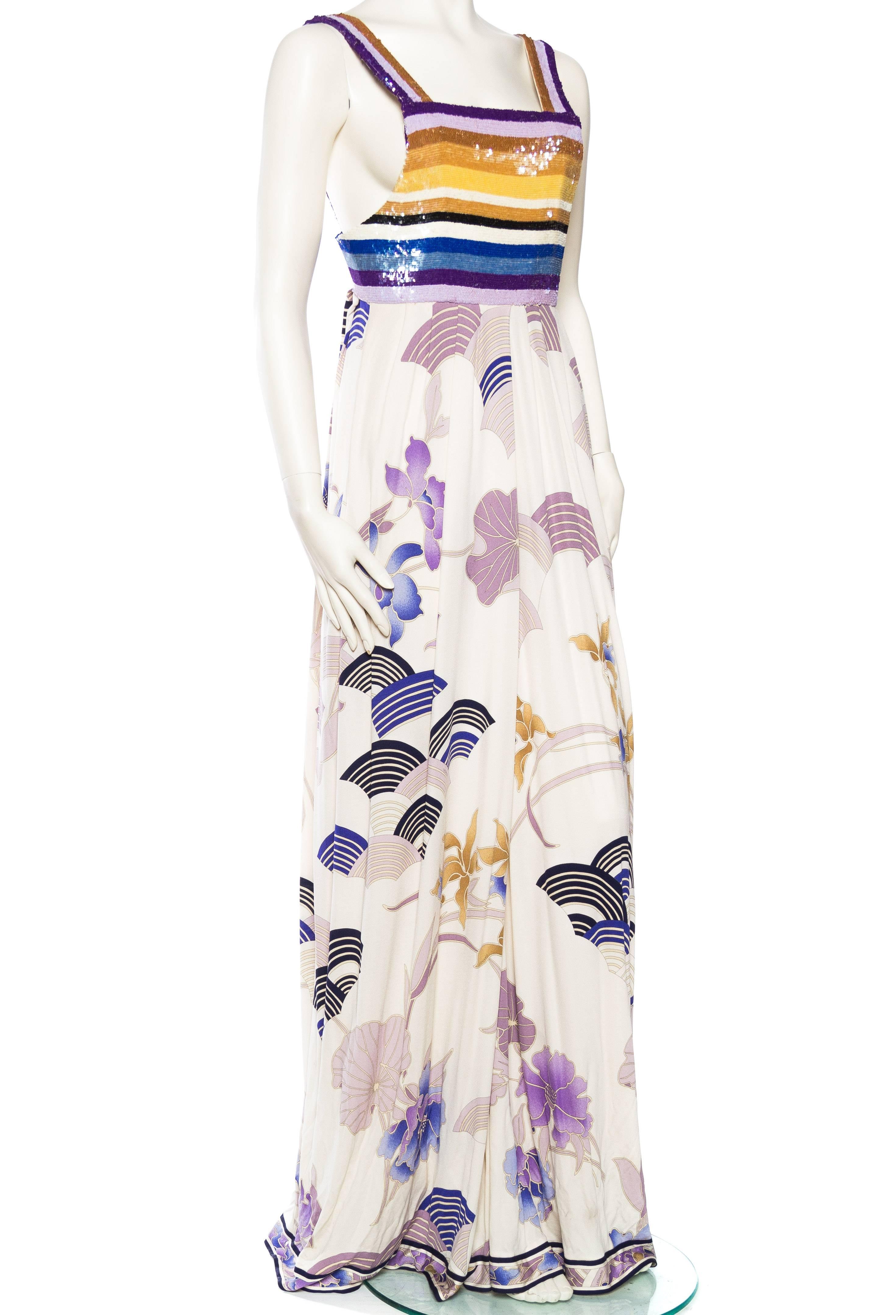 Beige 1990S LEONARD Purple & Blue Silk Jersey Asian Floral Print Gown With Striped Se