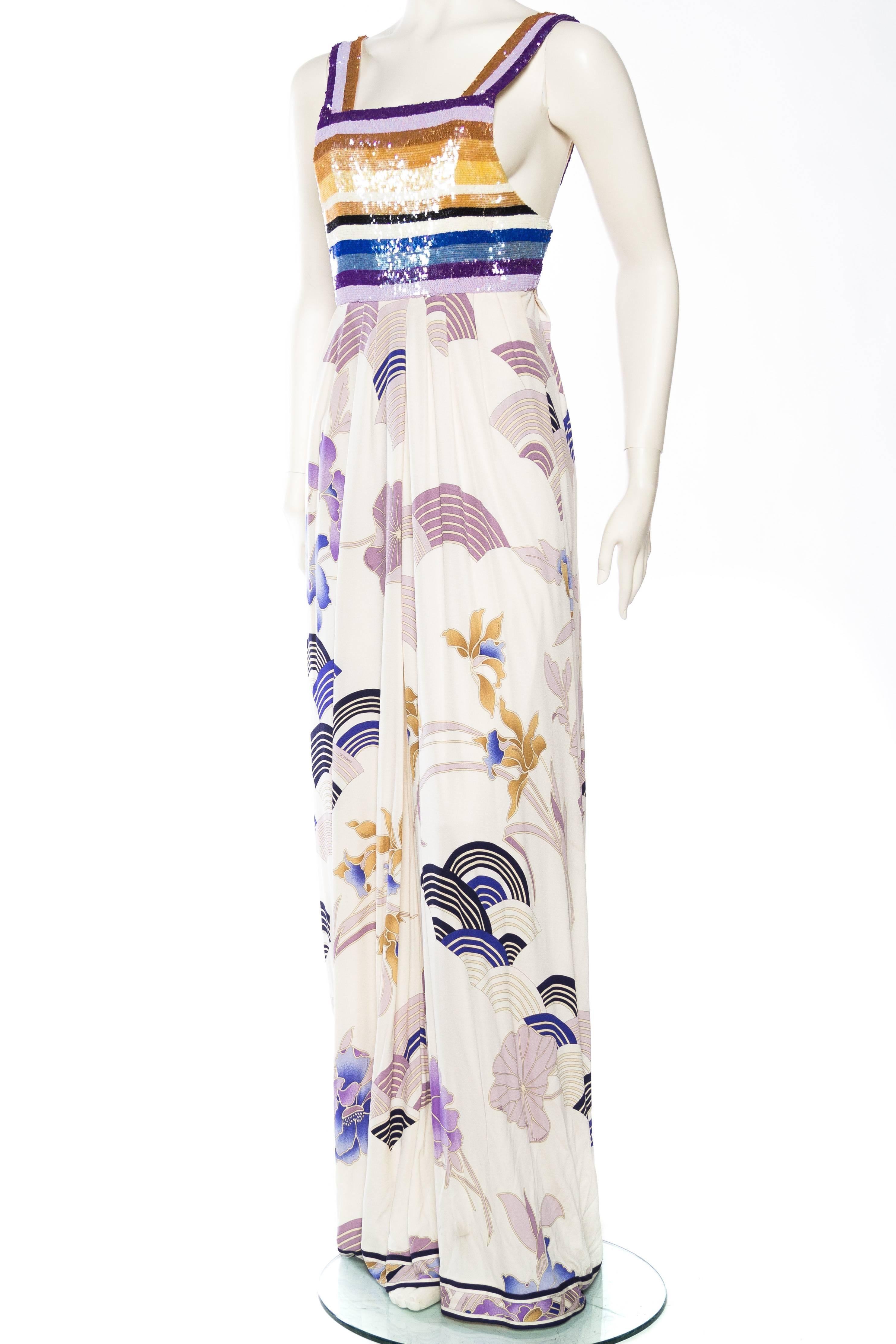 1990S LEONARD Purple & Blue Silk Jersey Asian Floral Print Gown With Striped Sequined Bodice