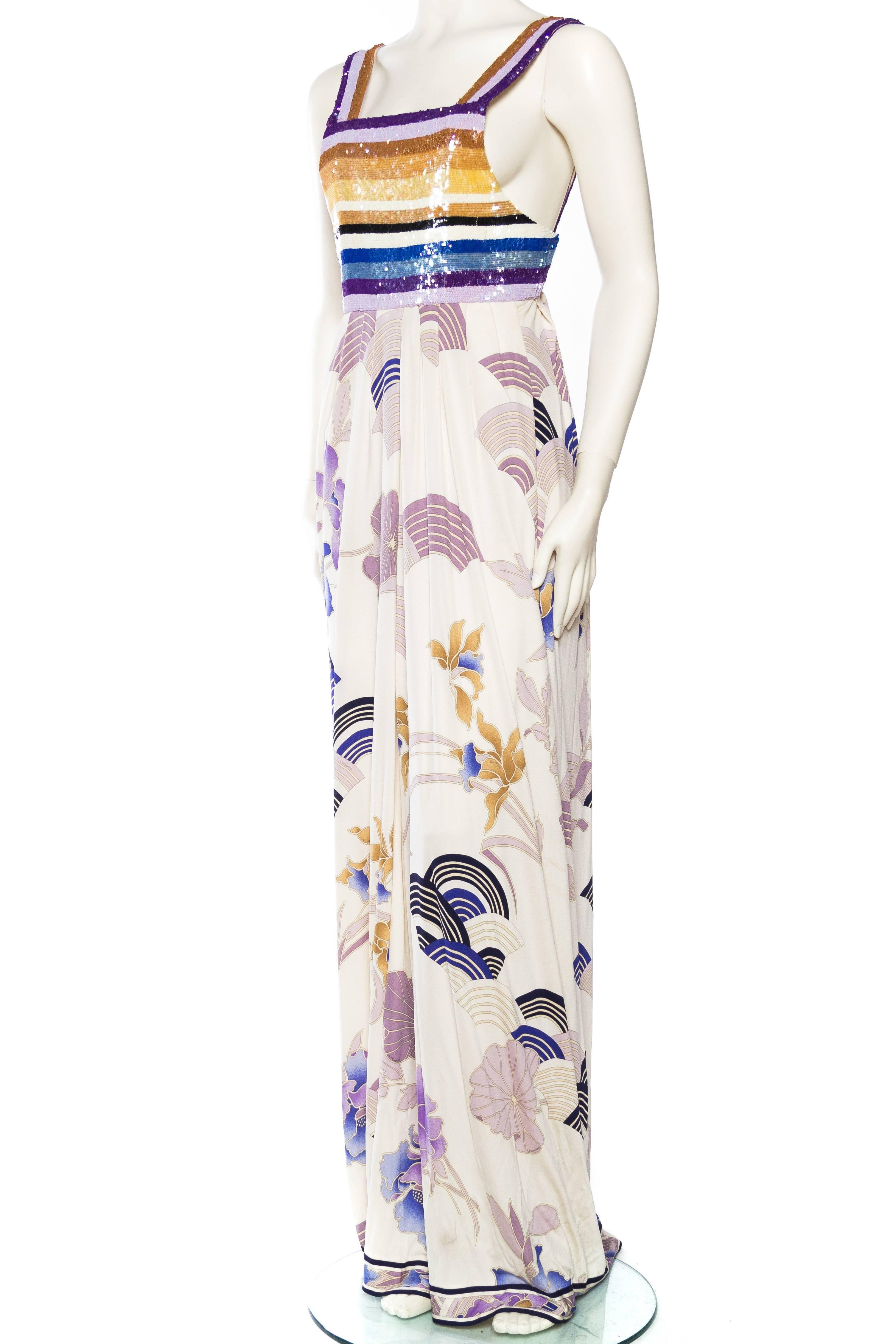 1990S LEONARD Purple & Blue Silk Jersey Asian Floral Print Gown With Striped Se In Excellent Condition In New York, NY