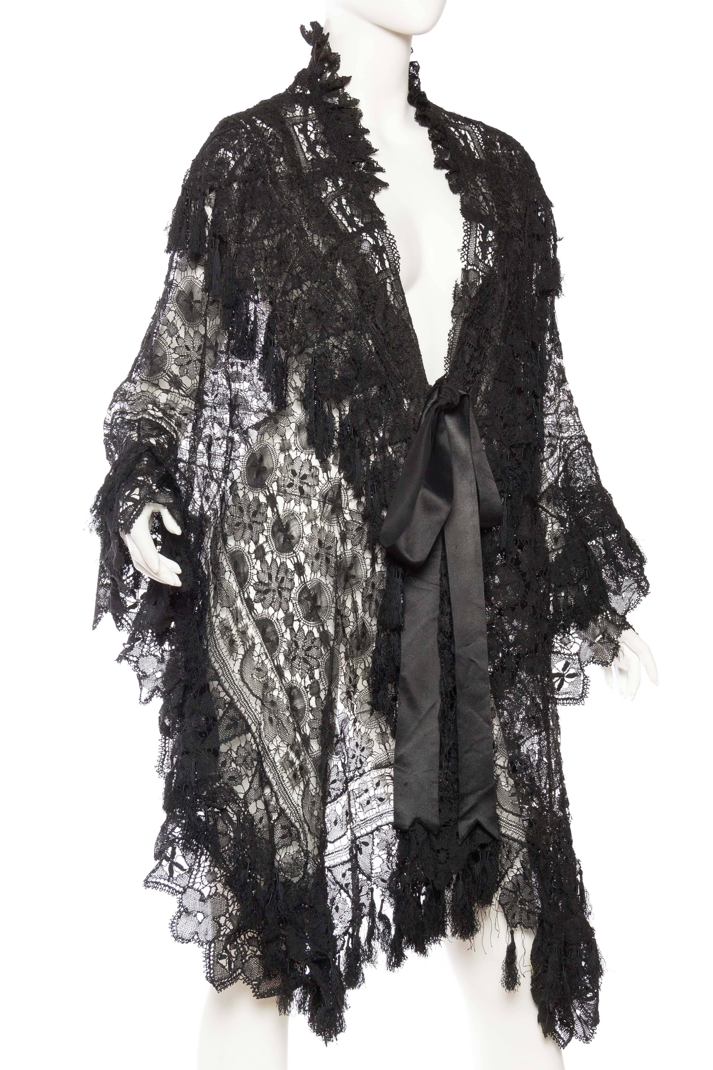 Women's Victorian Black Silk Handmade Lace Dolman Style Fringed Cape From Paris