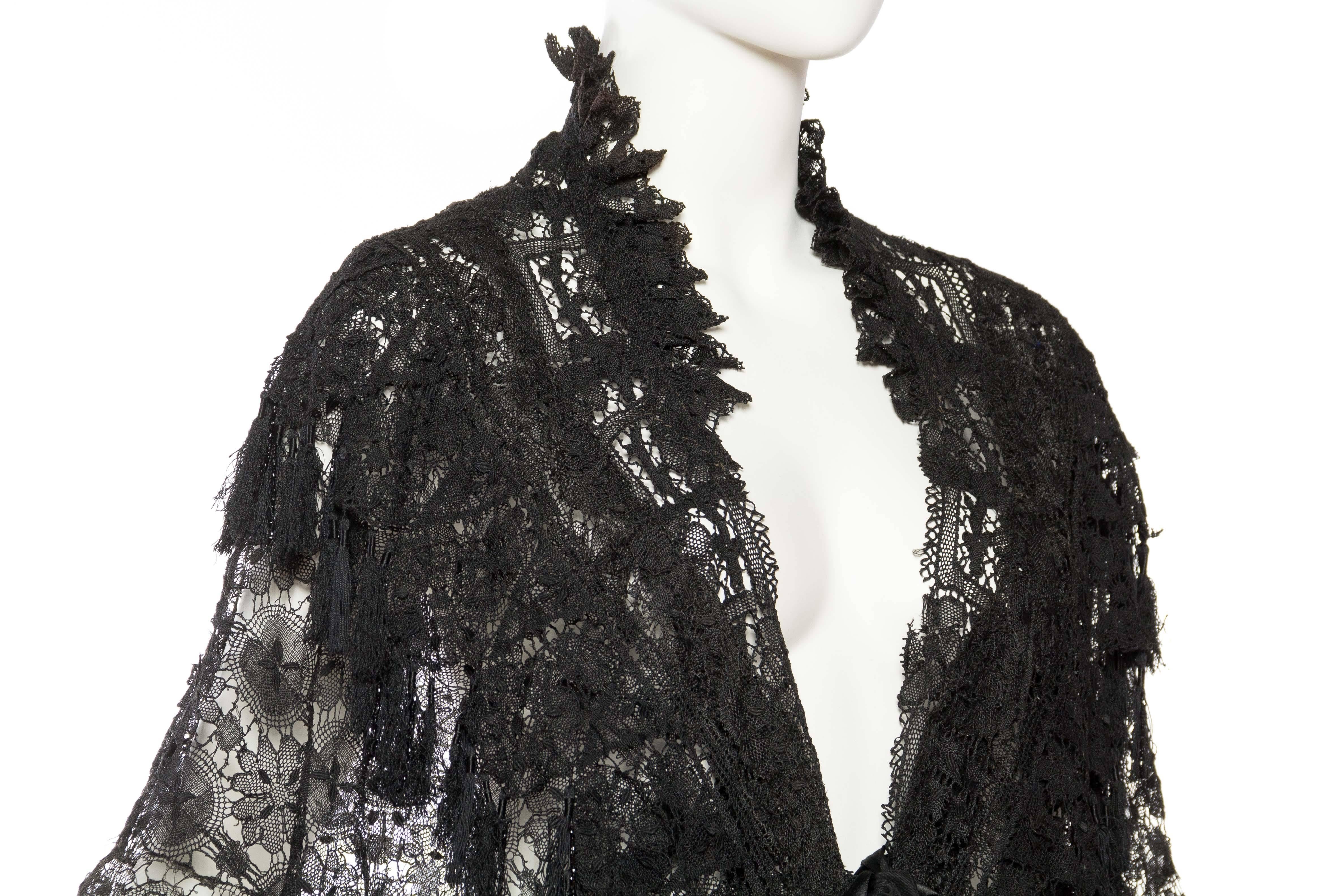 Victorian Black Silk Handmade Lace Dolman Style Fringed Cape From Paris 3
