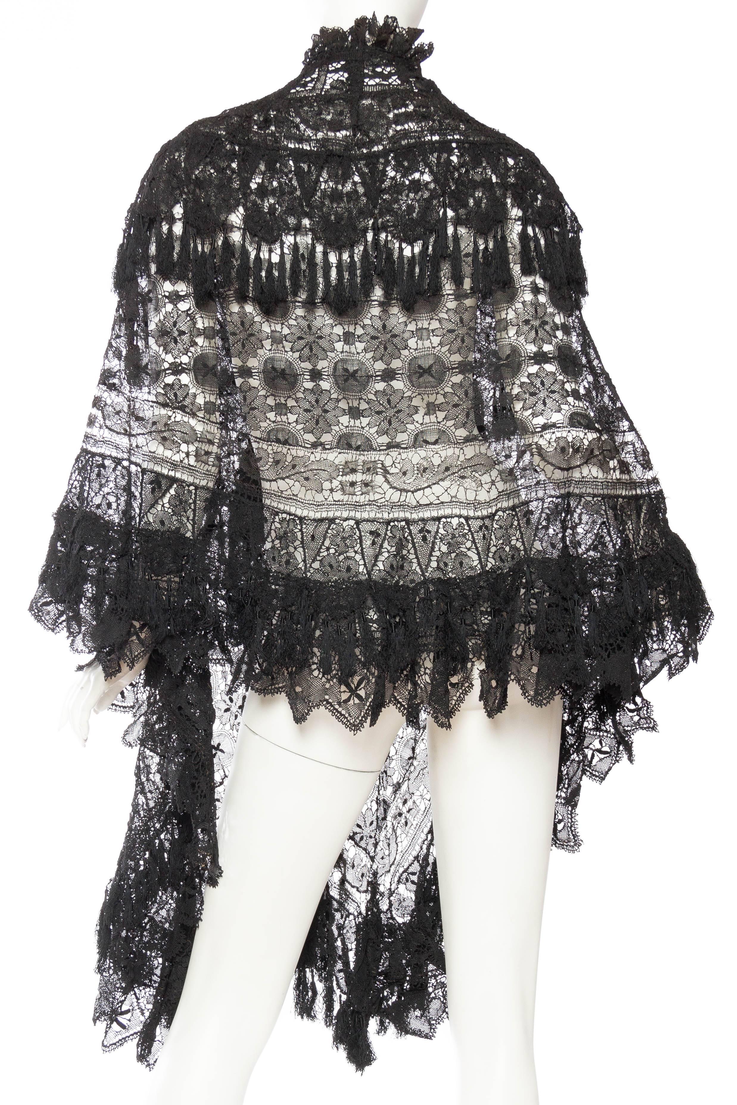 Victorian Black Silk Handmade Lace Dolman Style Fringed Cape From Paris 2