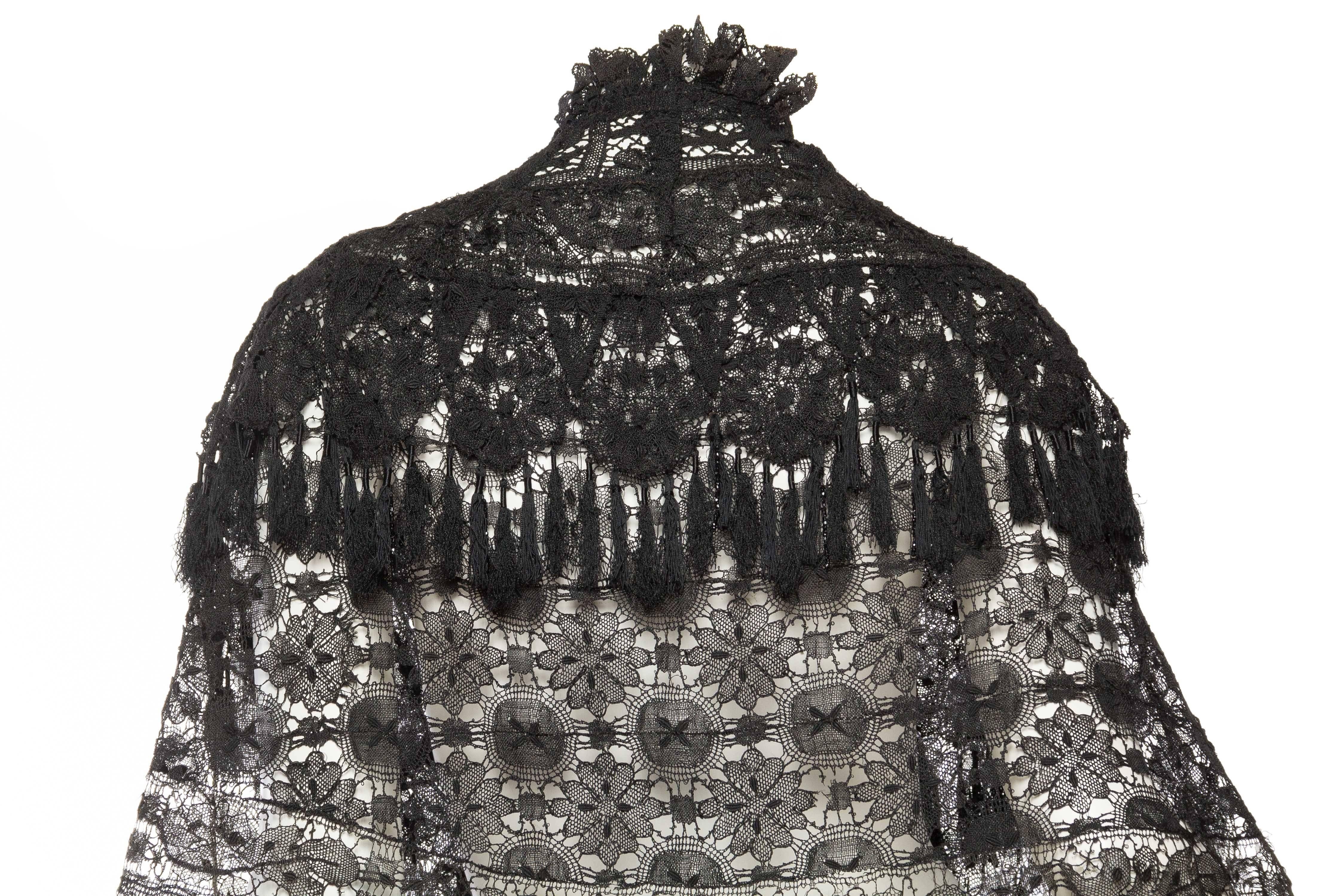 Victorian Black Silk Handmade Lace Dolman Style Fringed Cape From Paris 4