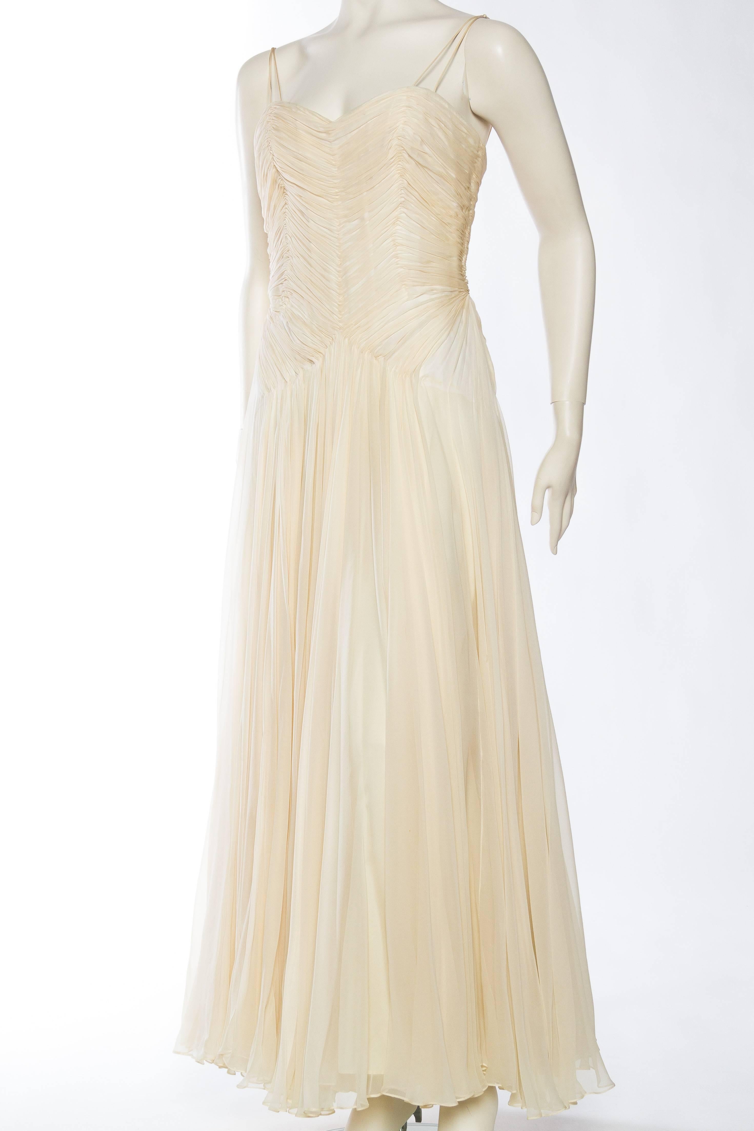 1960S RICHILENE Ivory Demi-Couture Silk Chiffon Mdm Gres Style Goddess Gown With Hand-Stitched Bodice And Miles Of Fabric
