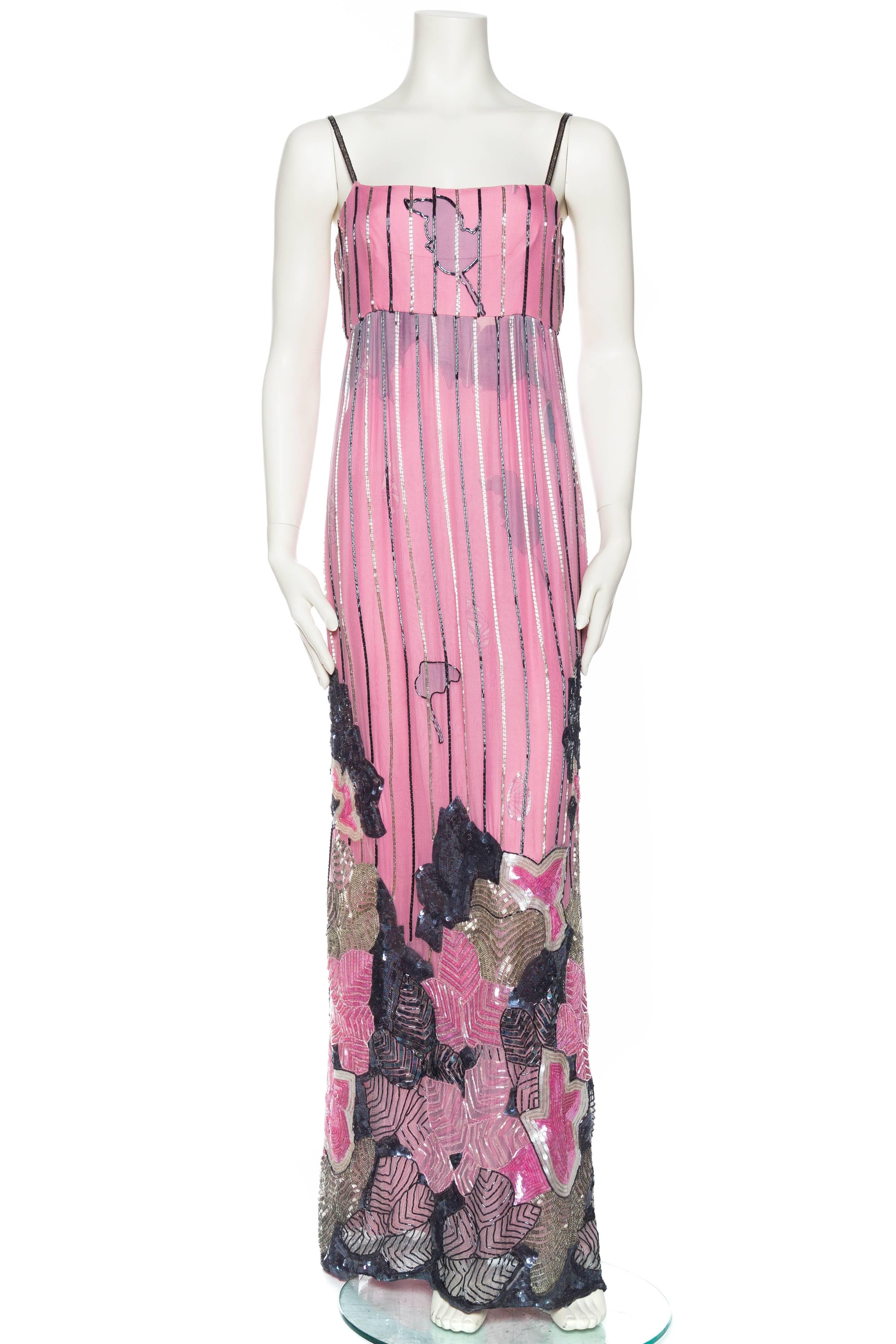 From either the late 1970s or early 1980s we offer this beautiful printed and beaded gown by Japanese Haute Couture designer Hanae Mori. 