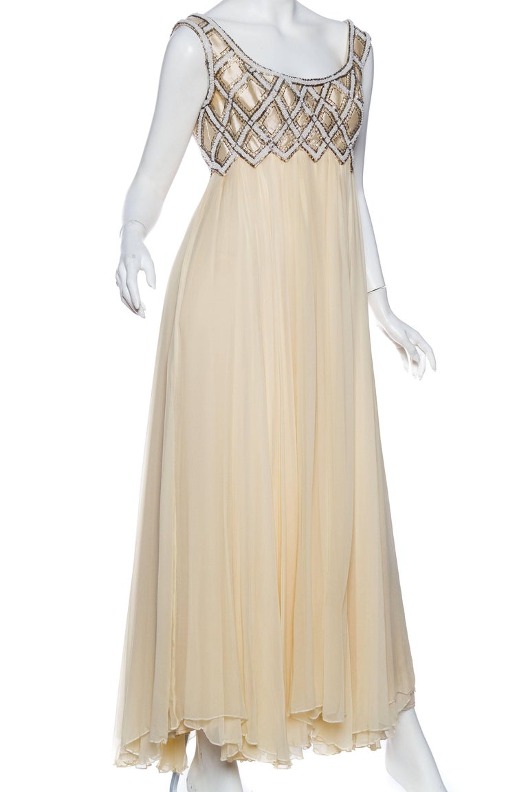 1960s Cream Beaded Silk Chiffon Empire Waist Gown with Matching Evening Bolero