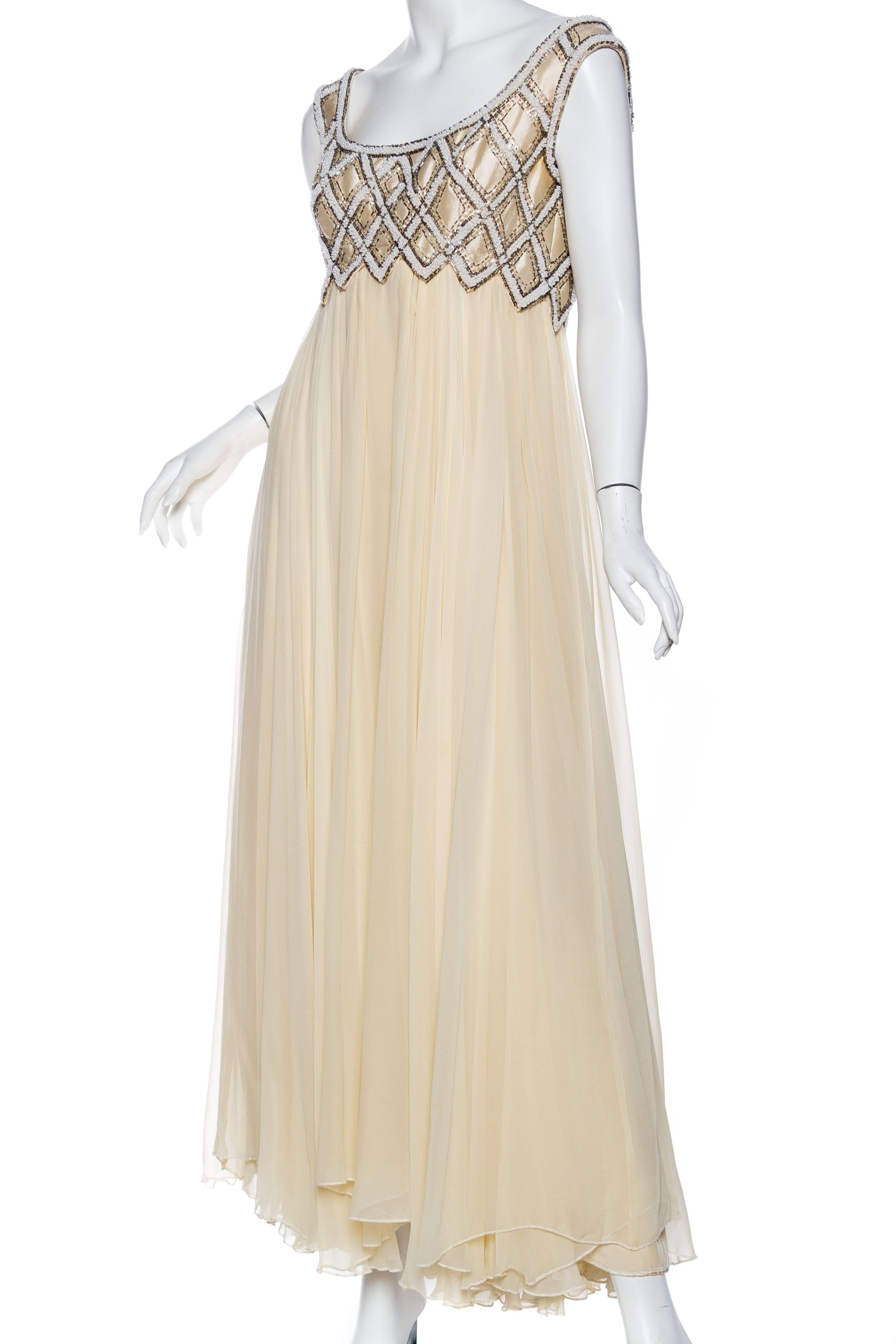 Beige 1960S Cream Beaded Silk Chiffon Empire Waist Gown With Matching Evening Bolero For Sale