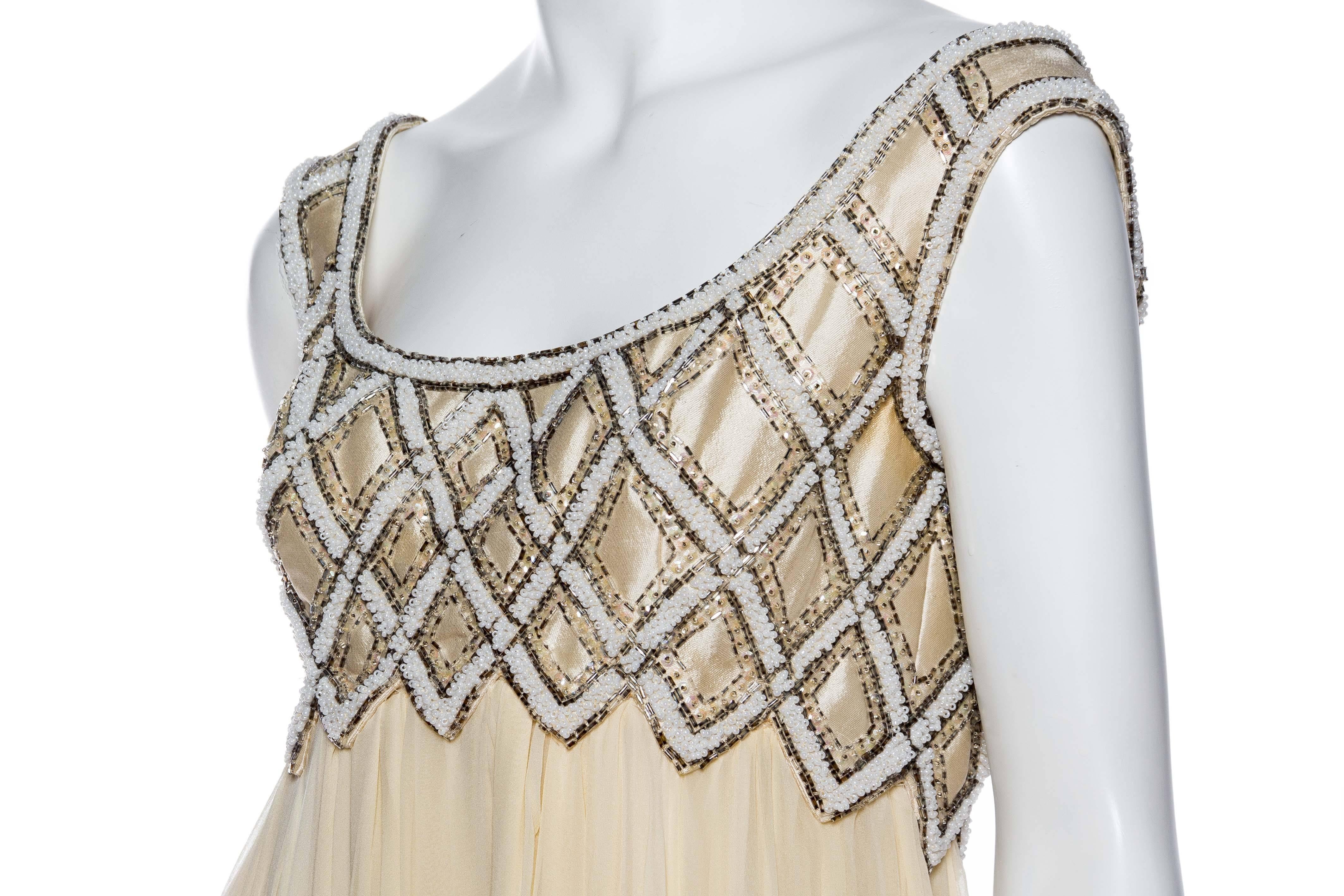 Women's 1960S Cream Beaded Silk Chiffon Empire Waist Gown With Matching Evening Bolero For Sale