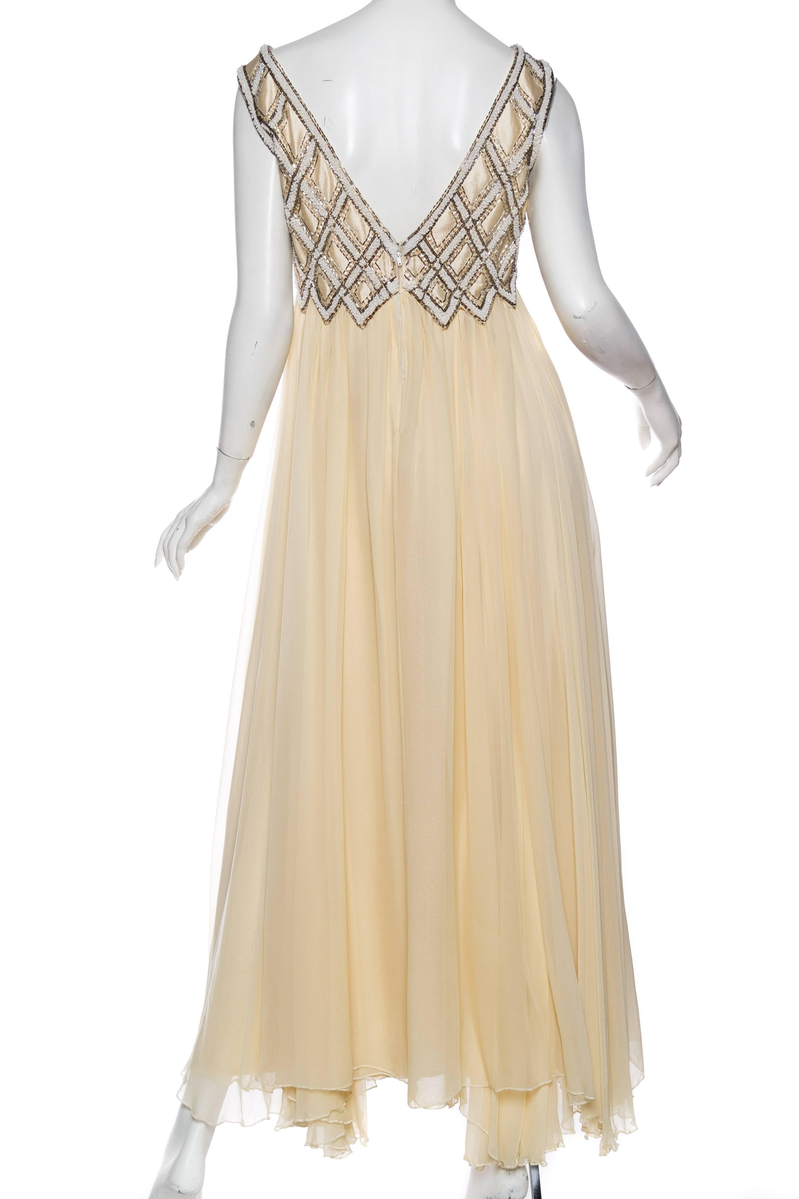 1960S Cream Beaded Silk Chiffon Empire Waist Gown With Matching Evening Bolero In Excellent Condition For Sale In New York, NY
