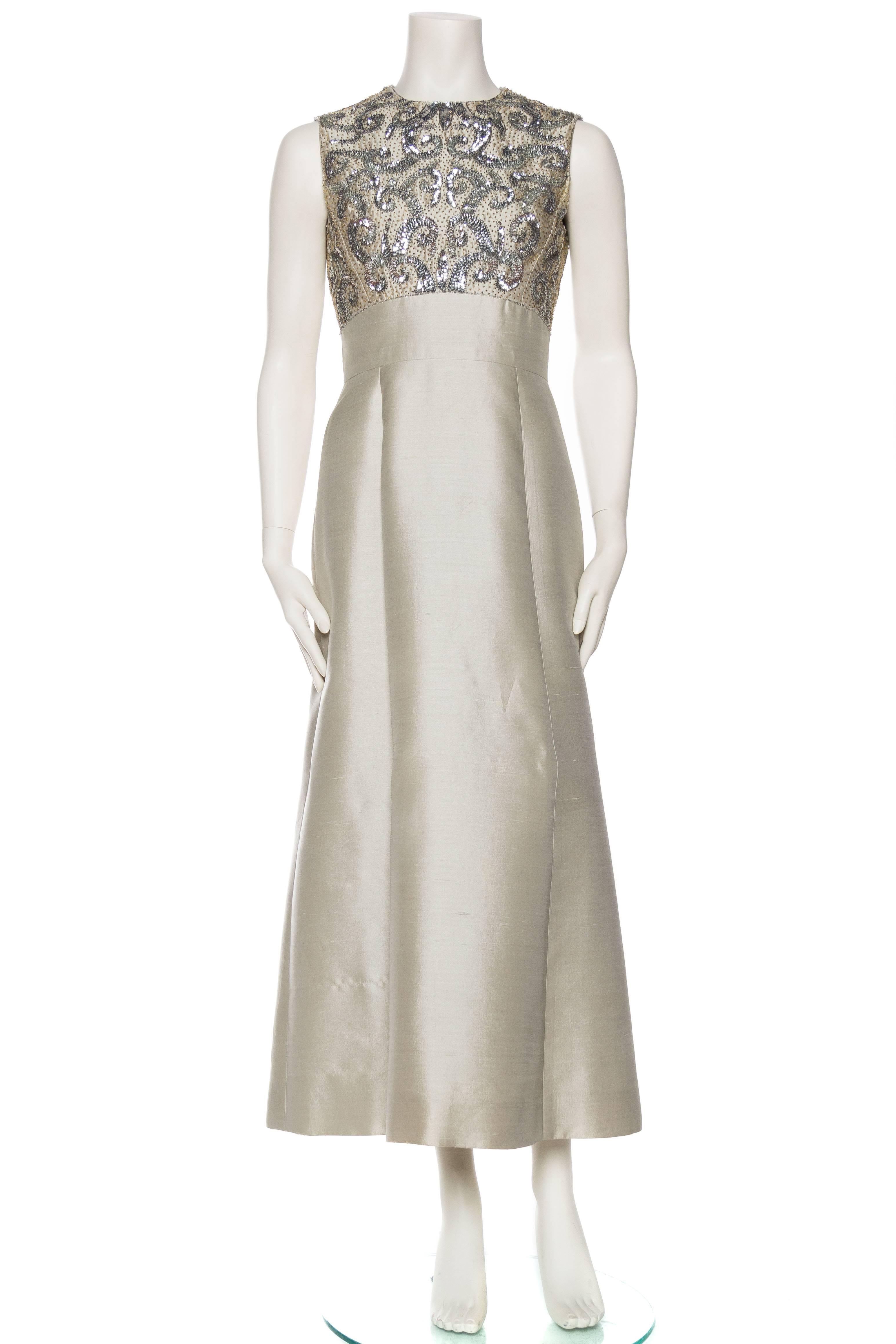 1960S GIBSON BAYH COUTURE Oyster Grey Silk Radzimir Half Empire Waist Silver Gown With Beaded Bodice