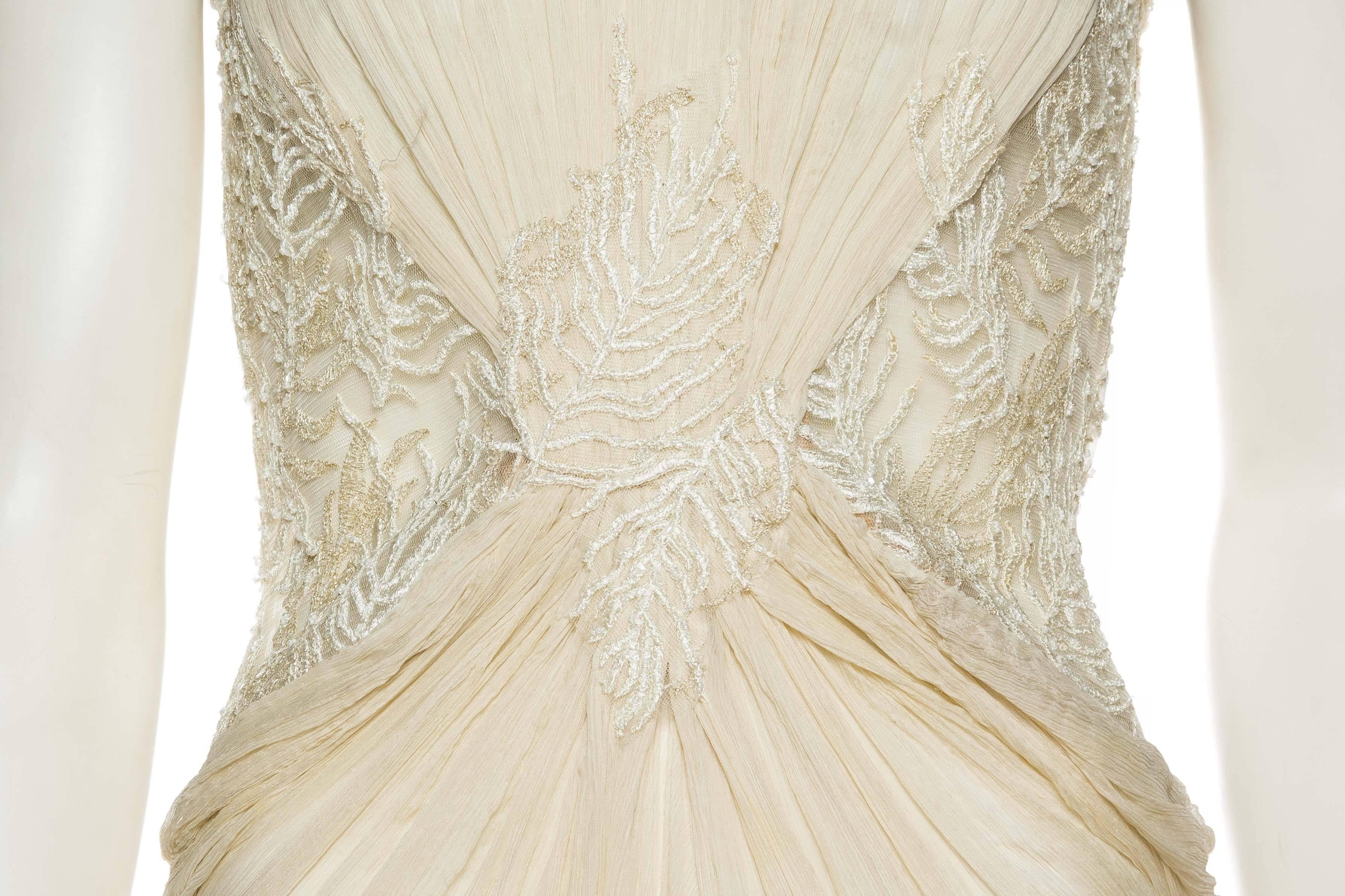 1980S Off White Beaded Silk Mousseline & Gold Metallic Embroidered Lace Gown 3