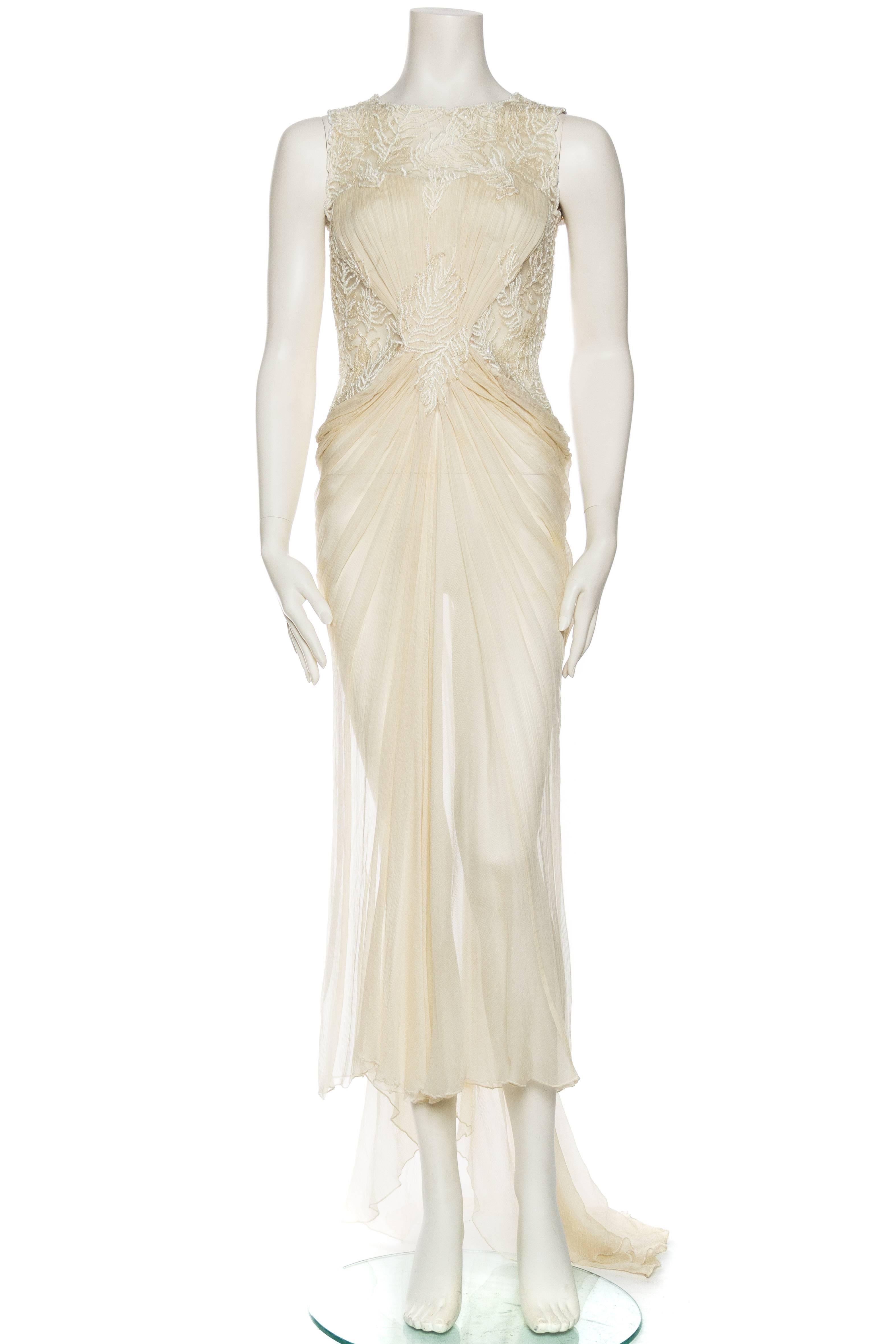 Beige 1980S Off White Beaded Silk Mousseline & Gold Metallic Embroidered Lace Gown