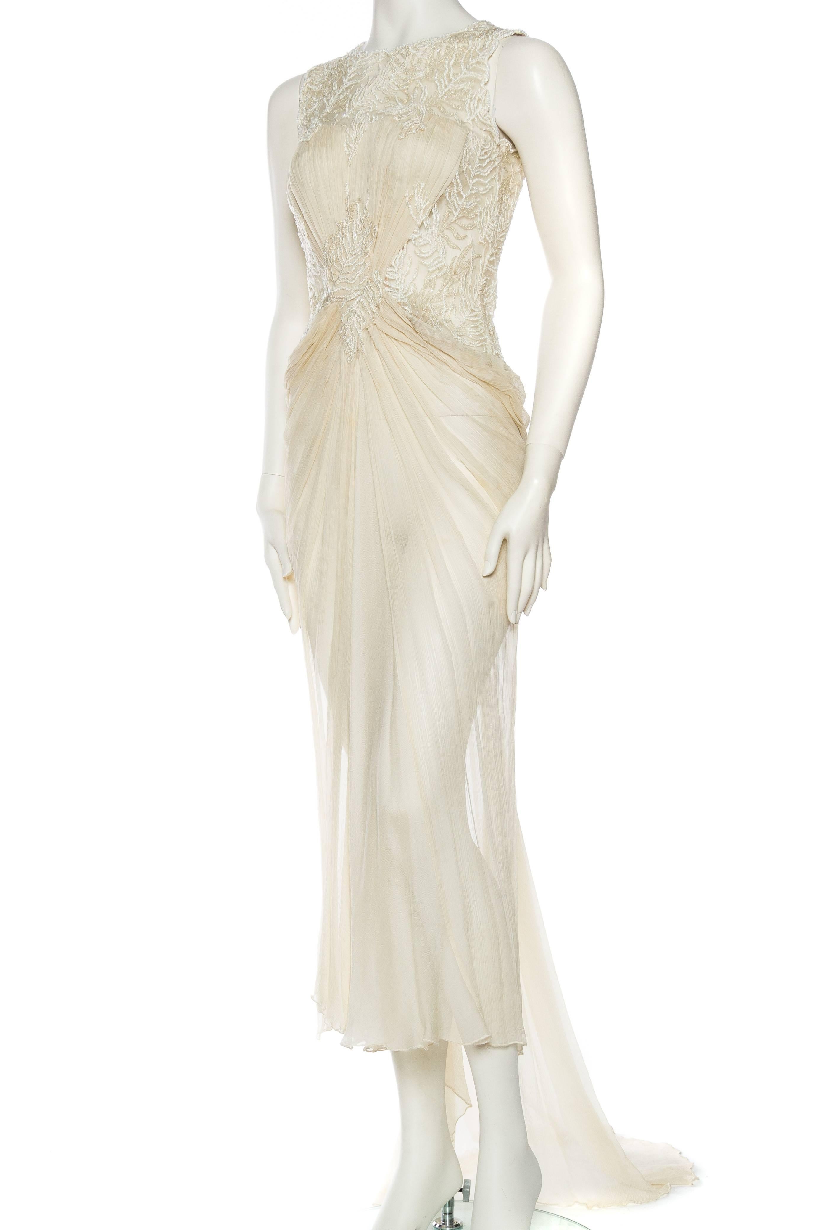 Women's 1980S Off White Beaded Silk Mousseline & Gold Metallic Embroidered Lace Gown