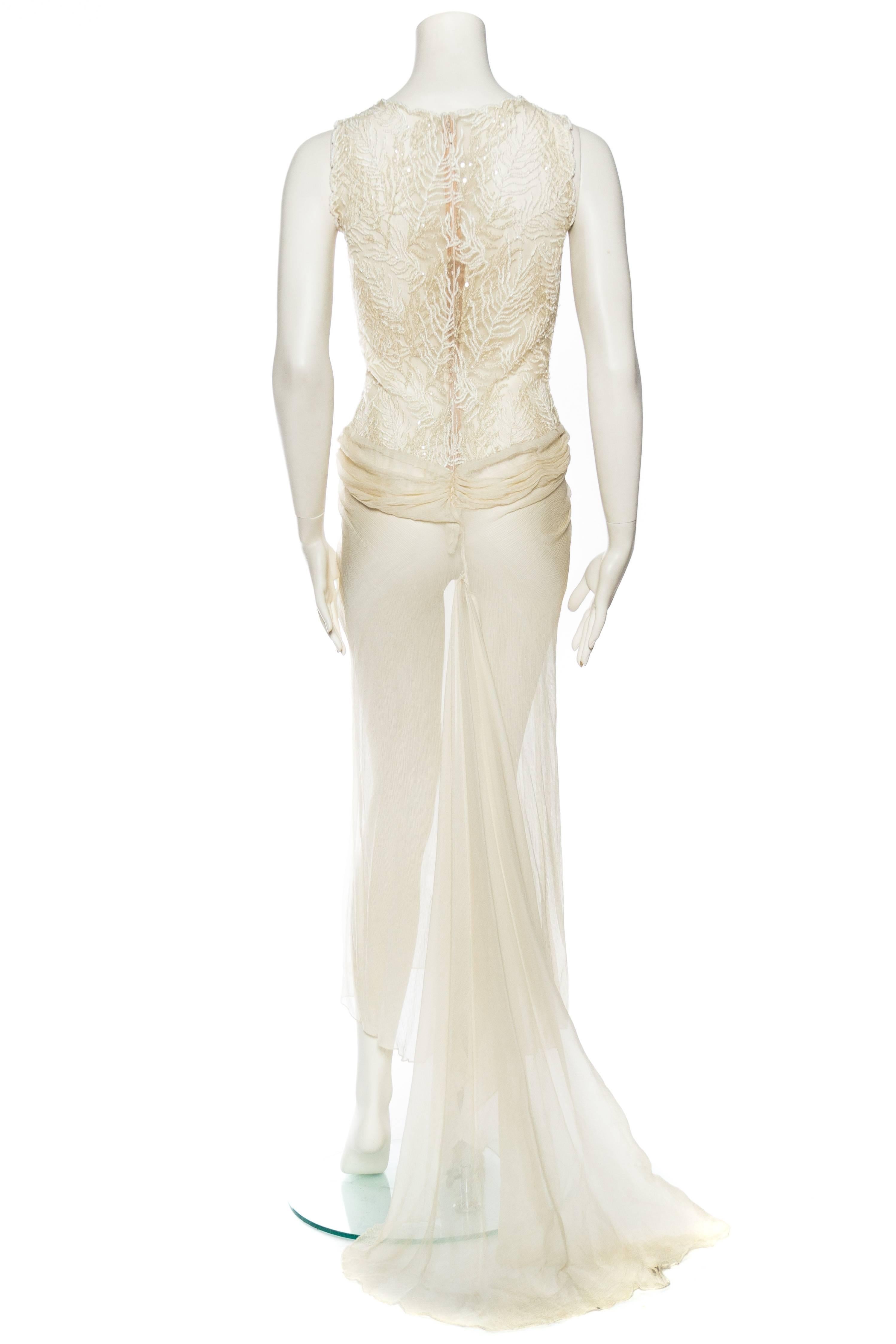 1980S Off White Beaded Silk Mousseline & Gold Metallic Embroidered Lace Gown 1