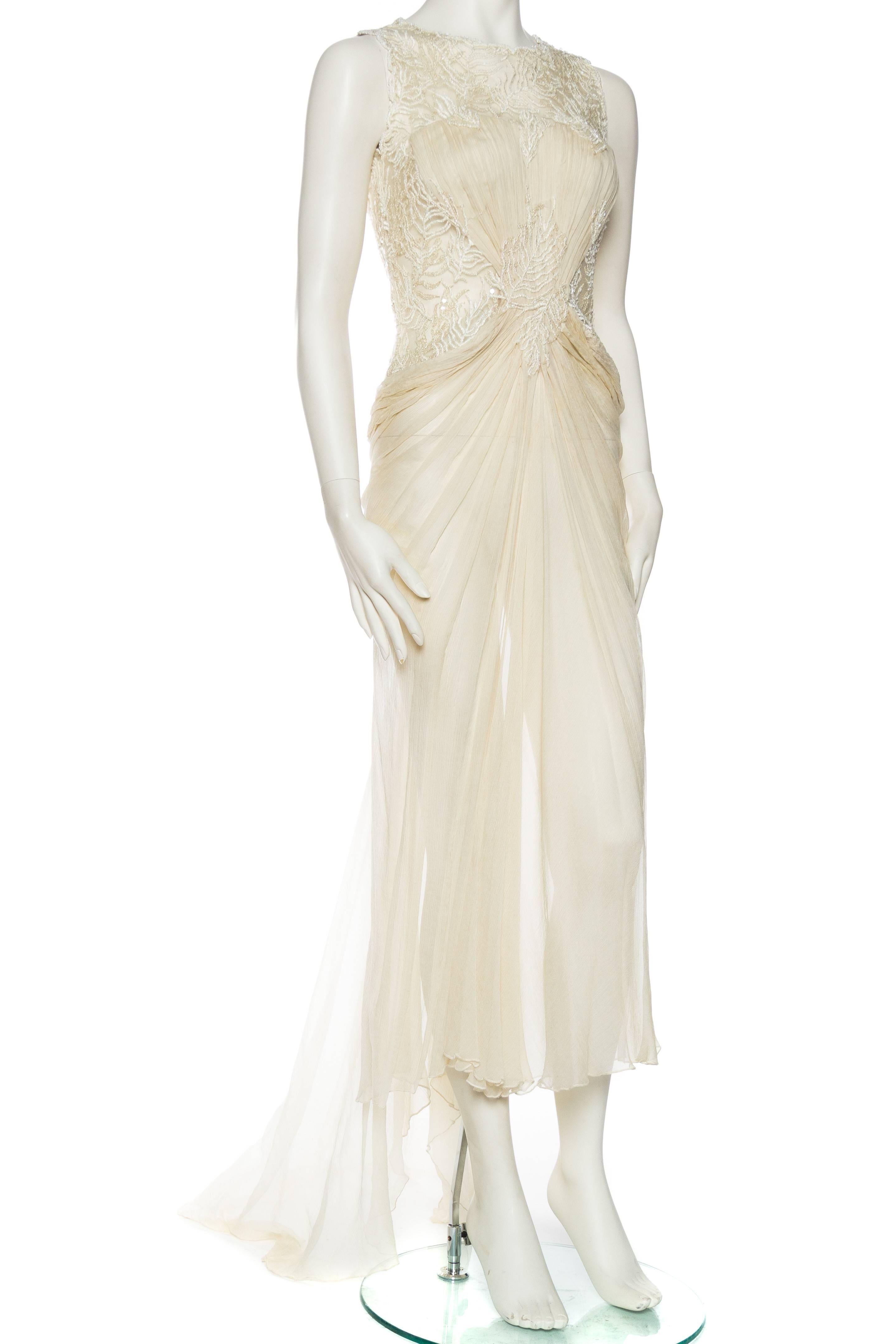 1980S Off White Beaded Silk Mousseline & Gold Metallic Embroidered Lace Gown In Excellent Condition In New York, NY