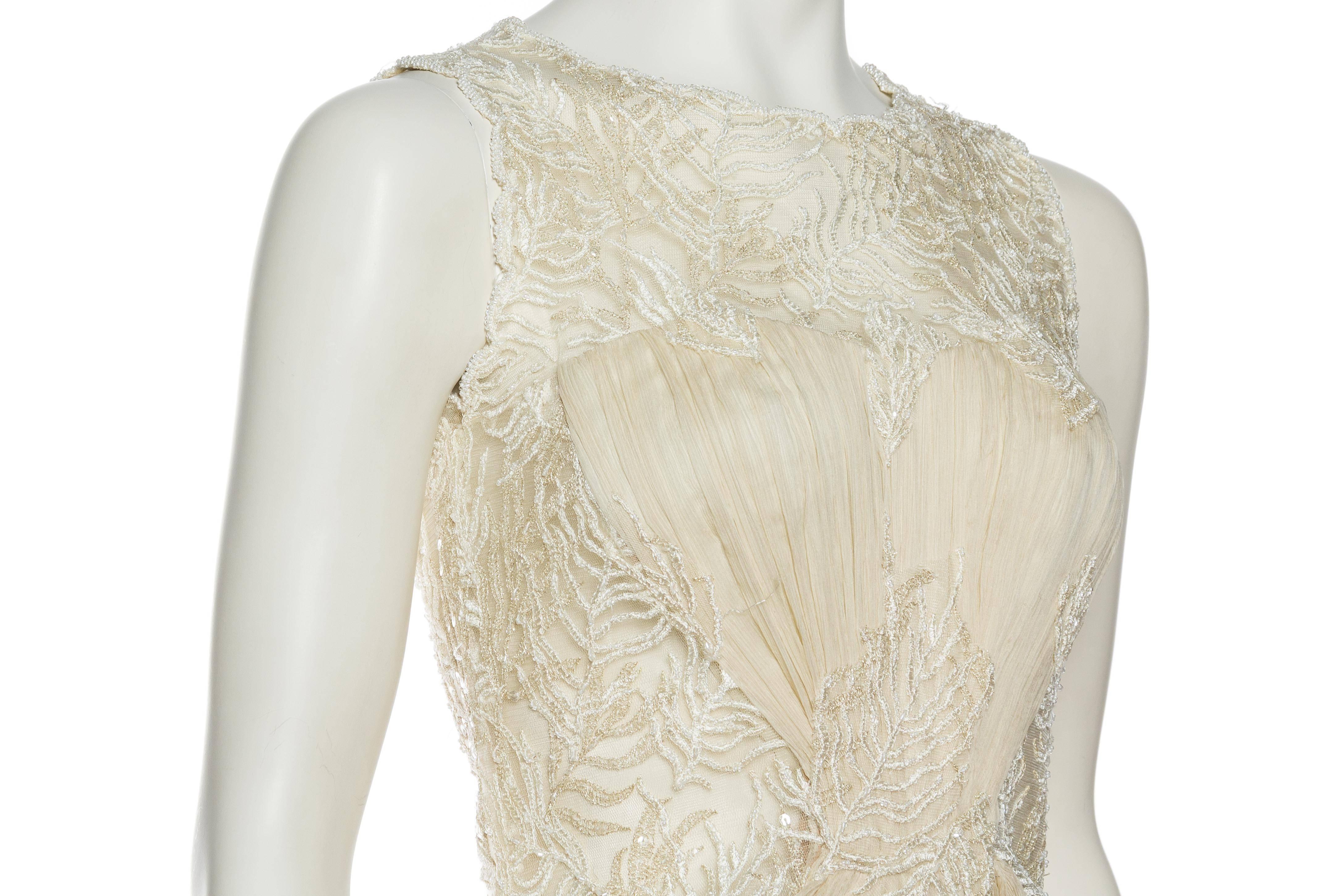 1980S Off White Beaded Silk Mousseline & Gold Metallic Embroidered Lace Gown 2