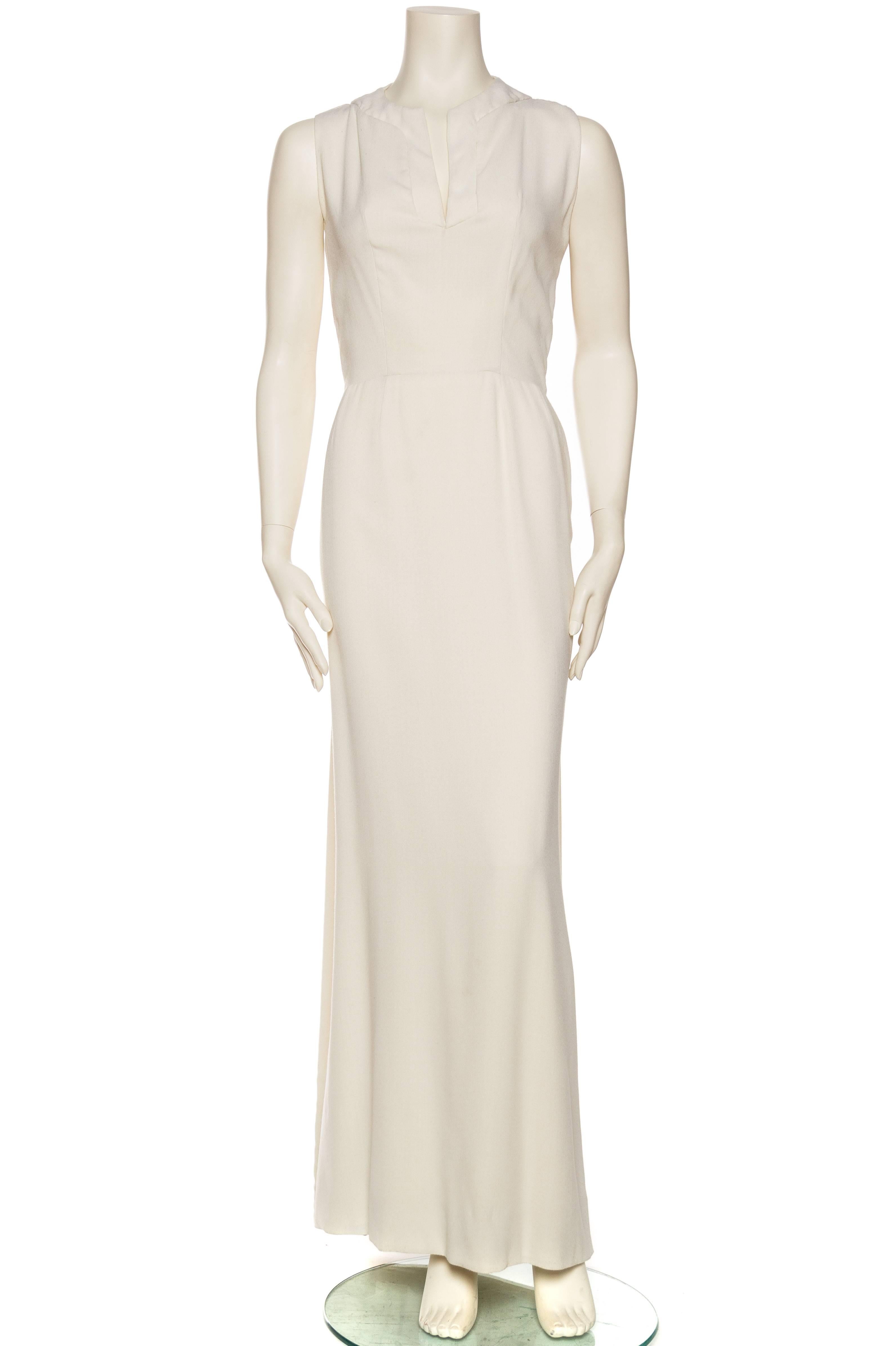 1960S PIERRE BALMAIN Off White Rayon & Silk Crepe Modernist Gown With Draped Back Train