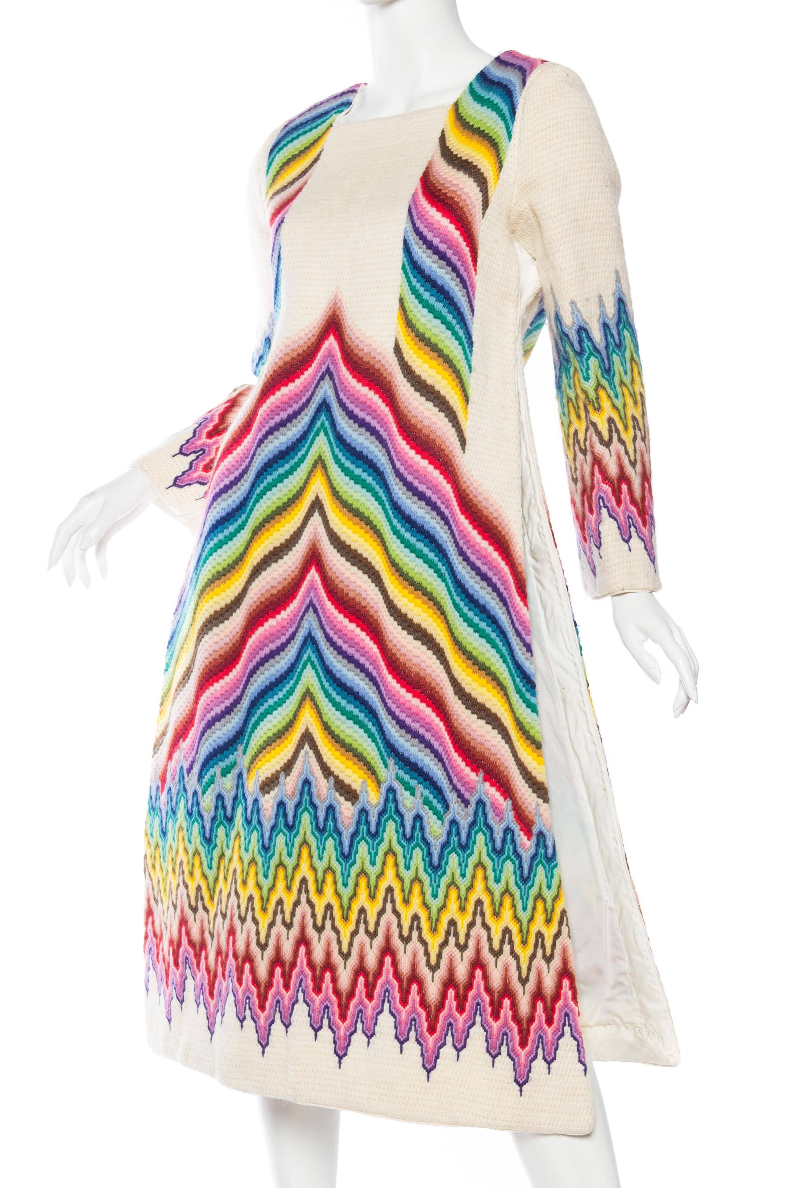 1960S Wool Fully Embroidered Psychedelic Berlinwork Show Piece Dress In Excellent Condition In New York, NY