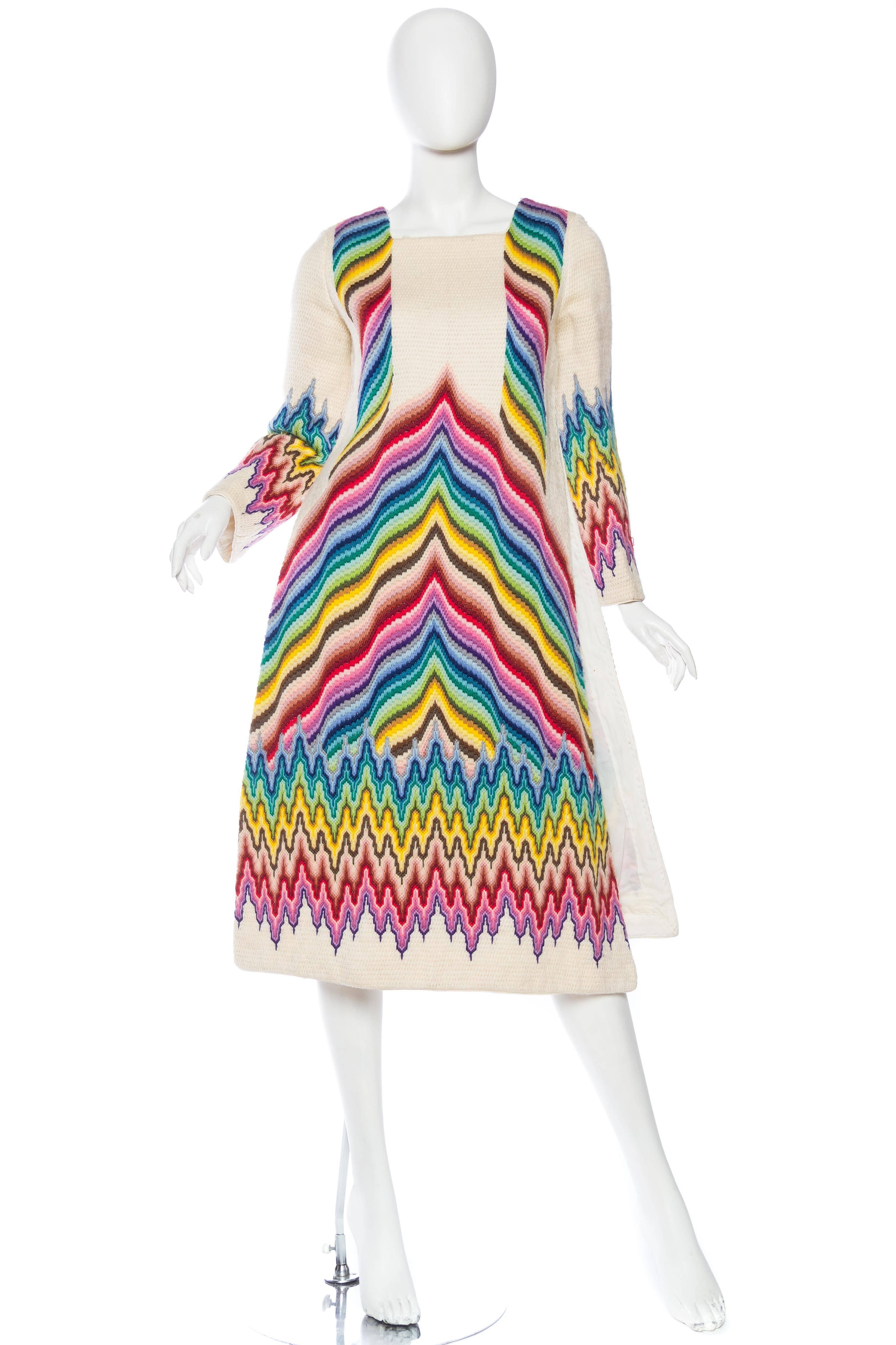 Beige 1960S Wool Fully Embroidered Psychedelic Berlinwork Show Piece Dress
