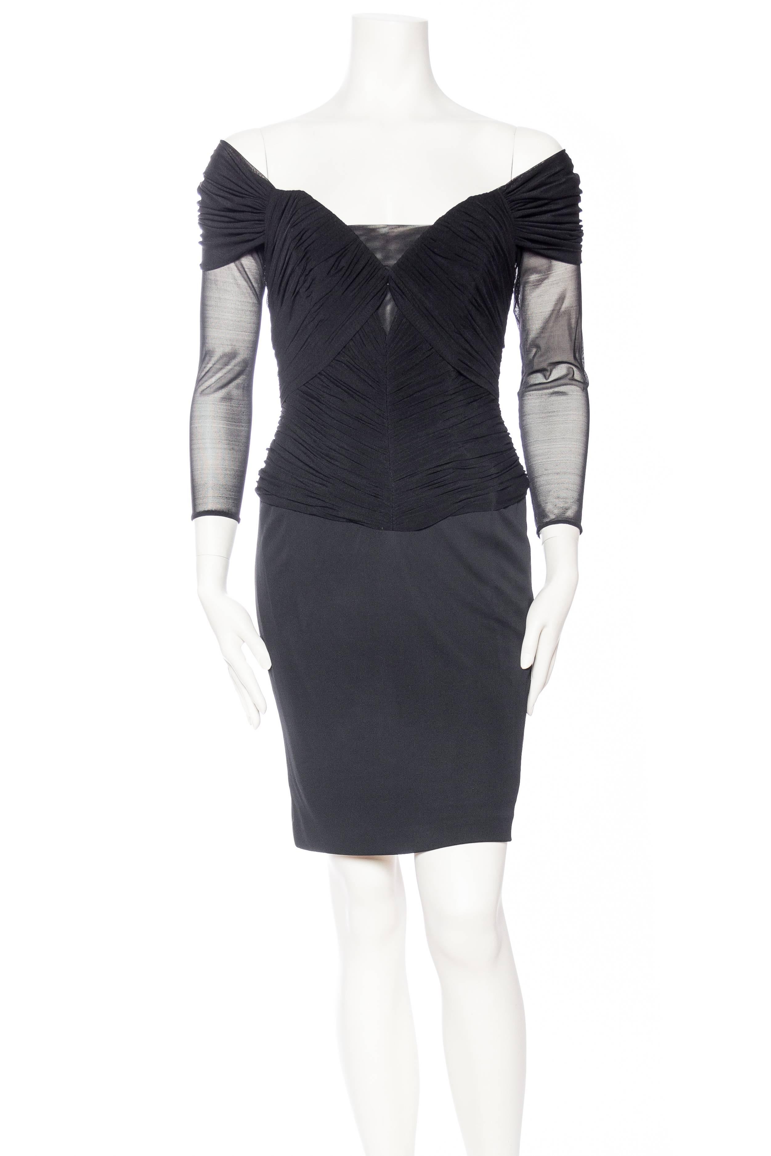 1980S VICKY TIEL COUTURE Black Poly Blend Net Off Shoulder Sheer Sleeved Corset Waist Cocktail Dress