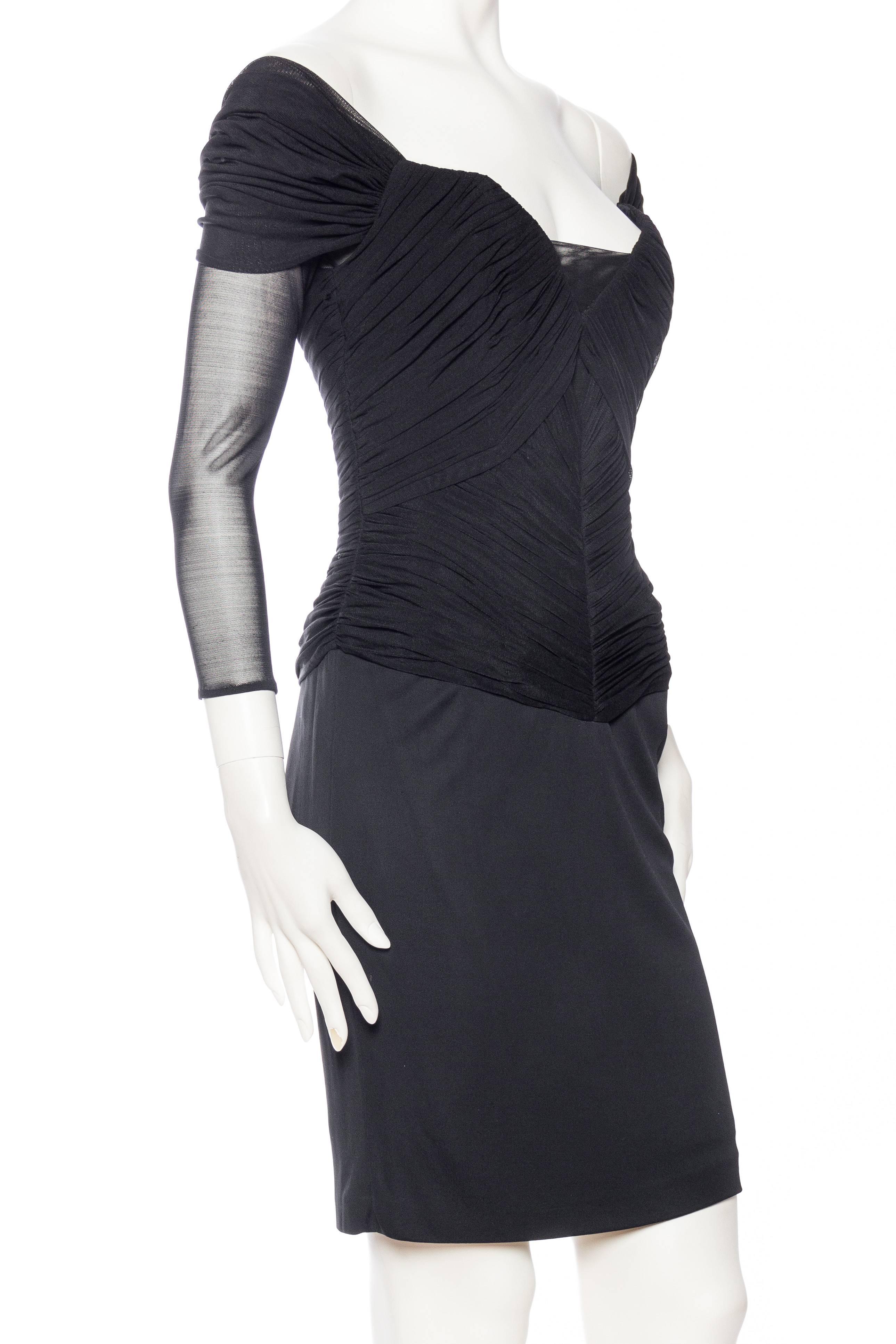 Women's 1980S VICKY TIEL COUTURE Black Poly Blend Net Off Shoulder Sheer Sleeved Corset
