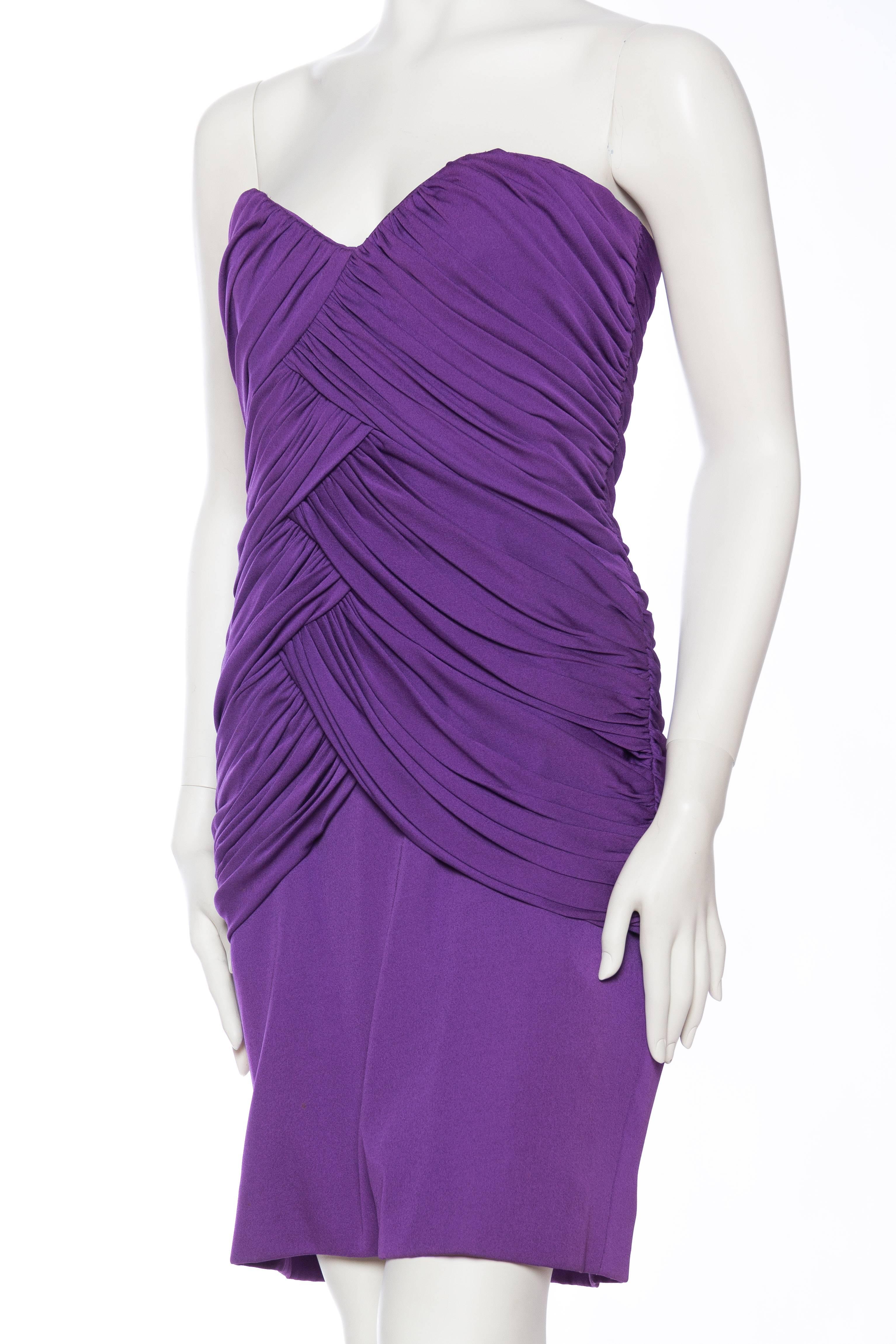 1980S FABIAN MOLINA Purple Rayon Jersey Draped Strapless Cocktail Dress In Excellent Condition In New York, NY