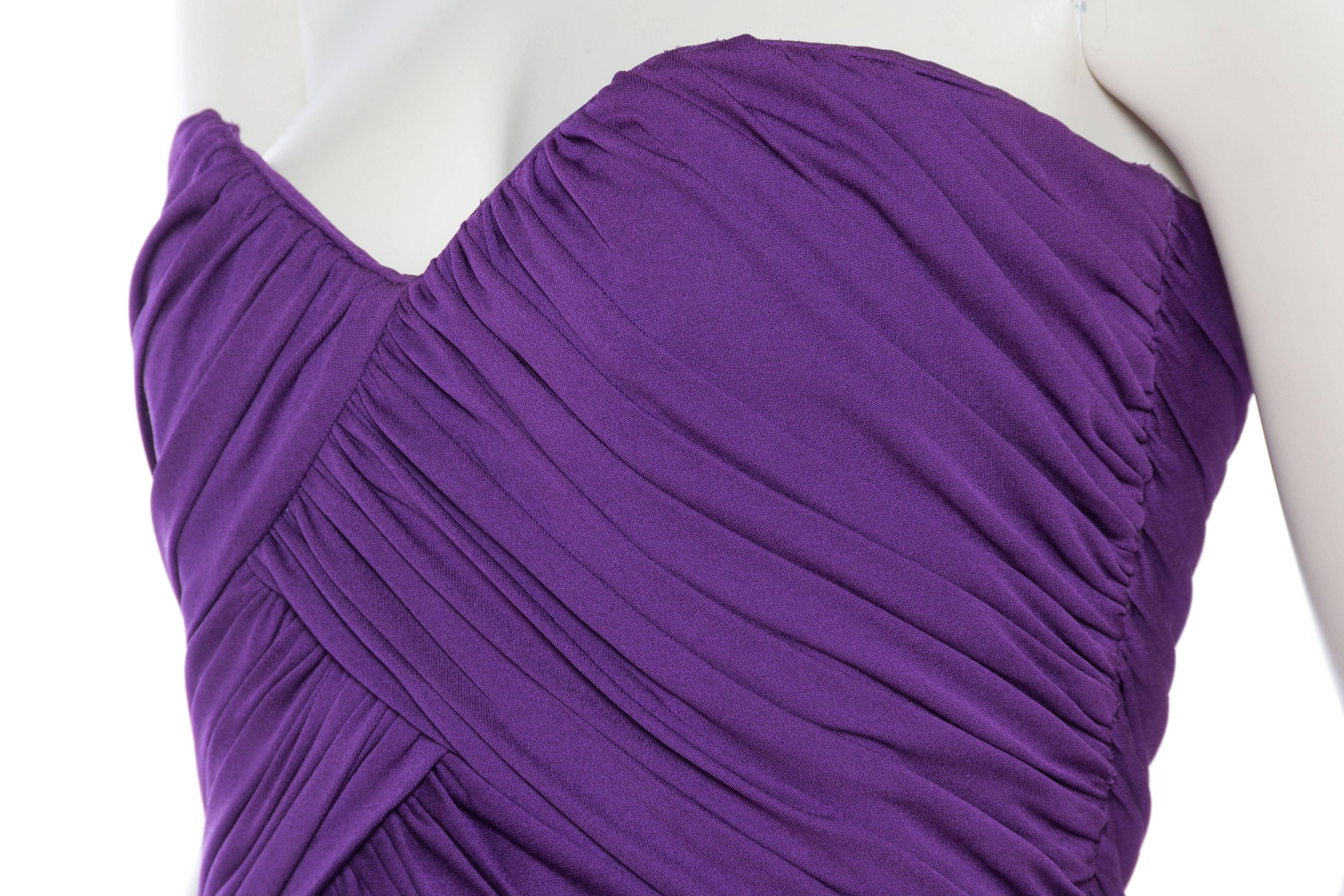 1980S FABIAN MOLINA Purple Rayon Jersey Draped Strapless Cocktail Dress 1