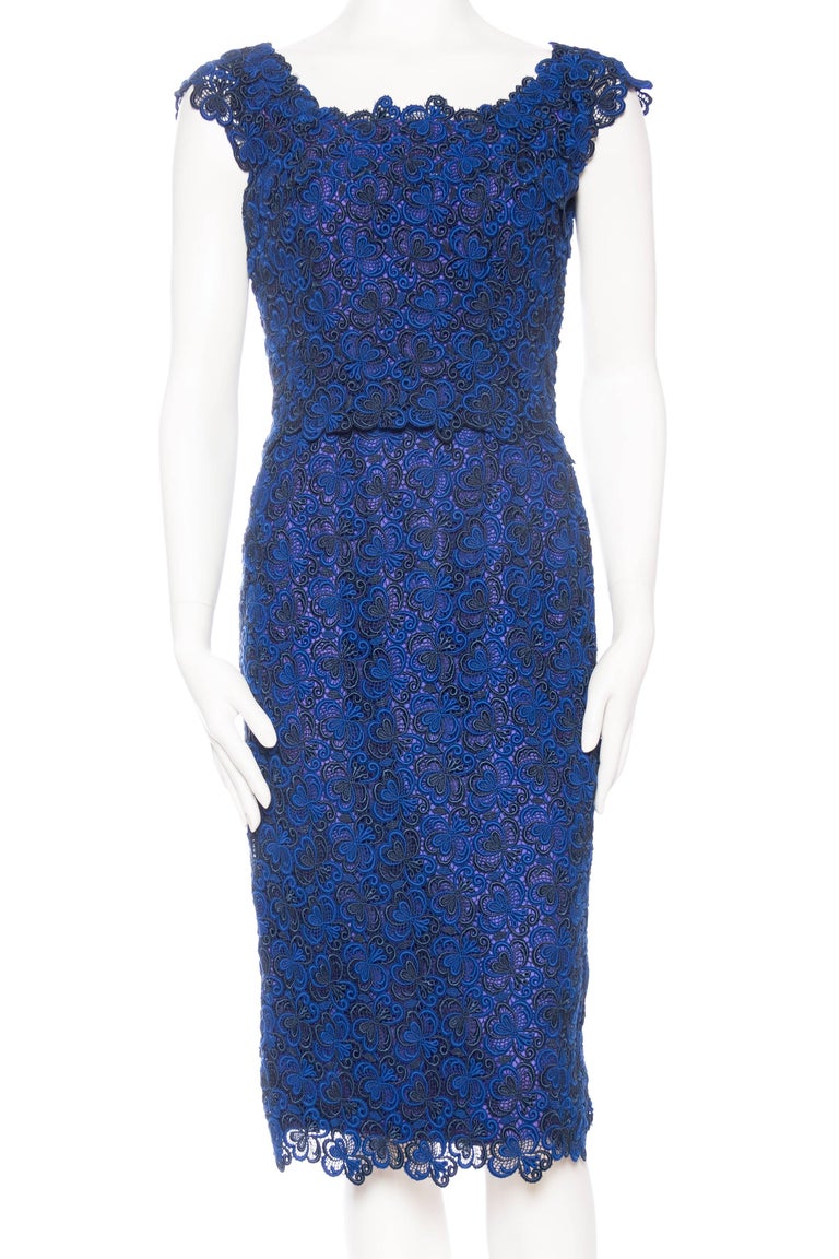 1950s Black & Sapphire Blue Rayon Lace Cocktail Dress