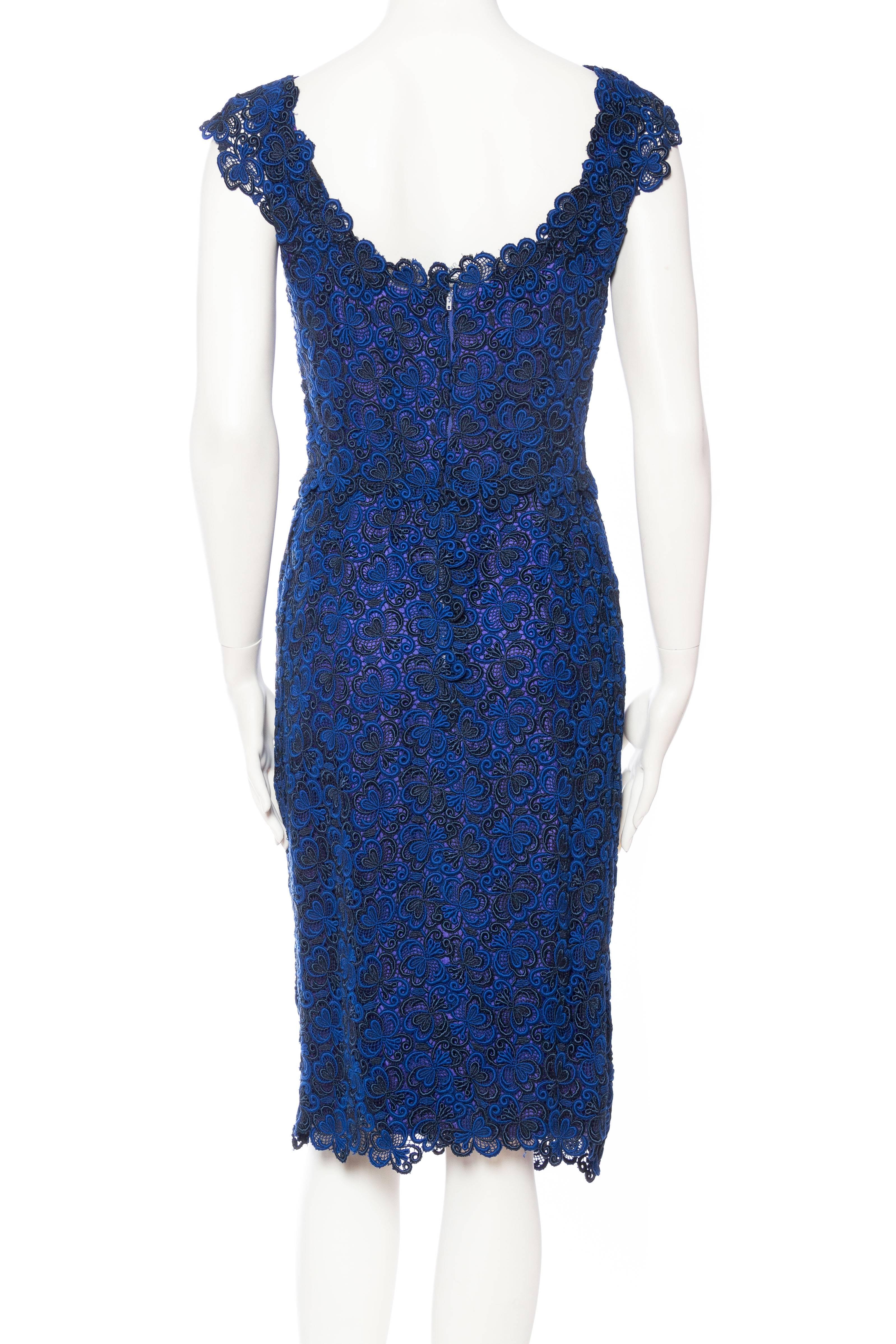 1950S Black & Sapphire Blue  Rayon Lace Cocktail Dress In Excellent Condition For Sale In New York, NY
